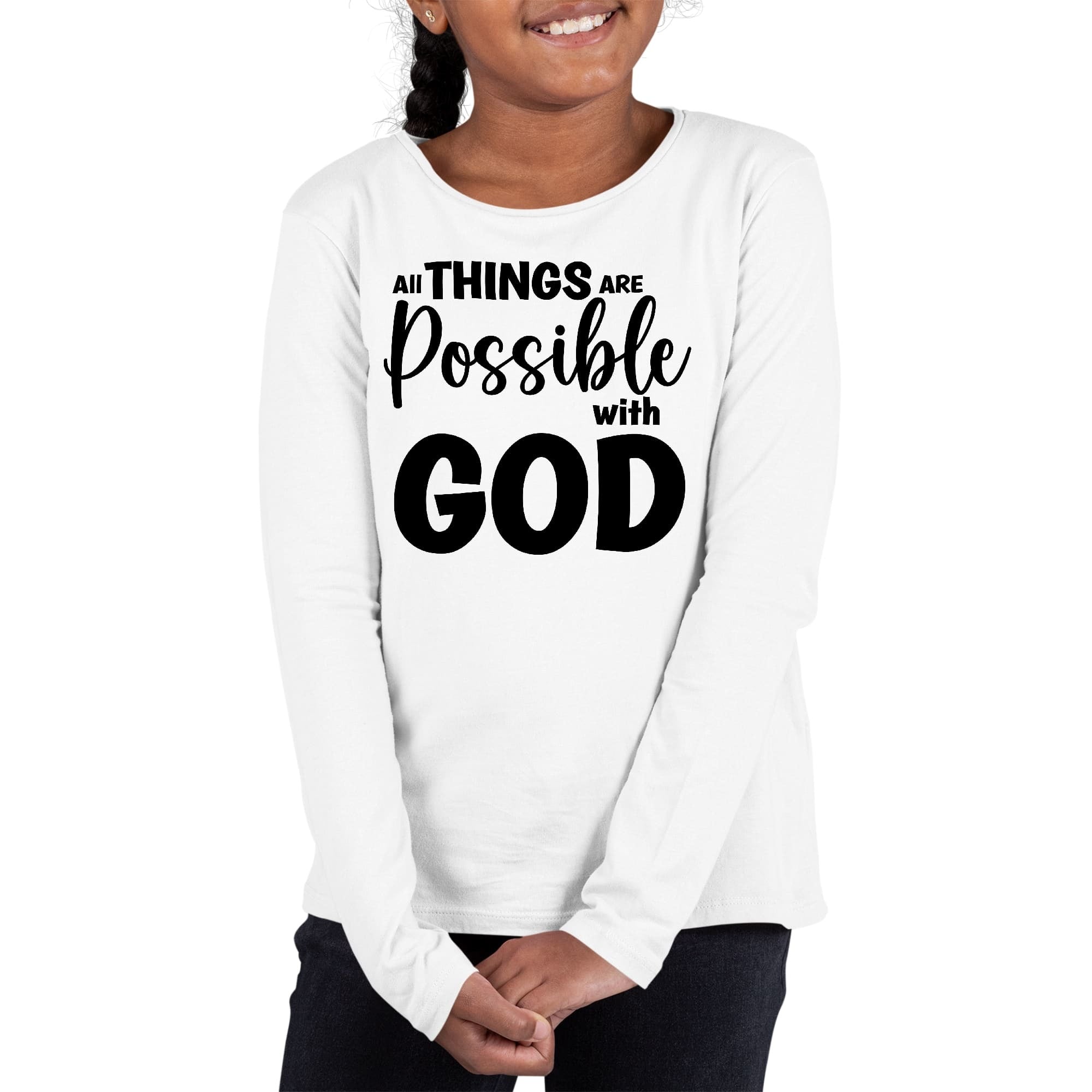 Girls Graphic T-shirt, All Things Are Possible With God - Black