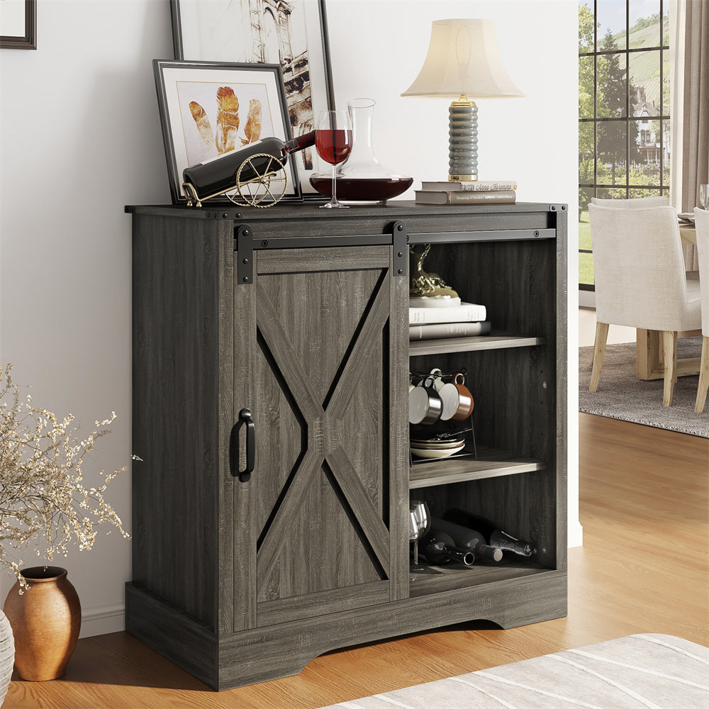 Tall Grey Wood Wine Corner Coffee Bar Cabinet With Storage Barn Door Shelves Adjustable Living Room