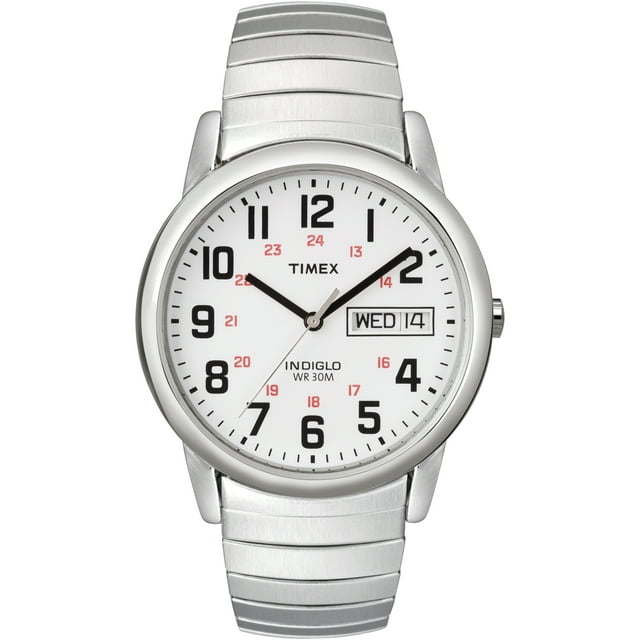 Timex Men's Easy Reader 35mm Day-Date Watch – Silver-Tone Case White Dial with Silver-Tone Expansion Band
