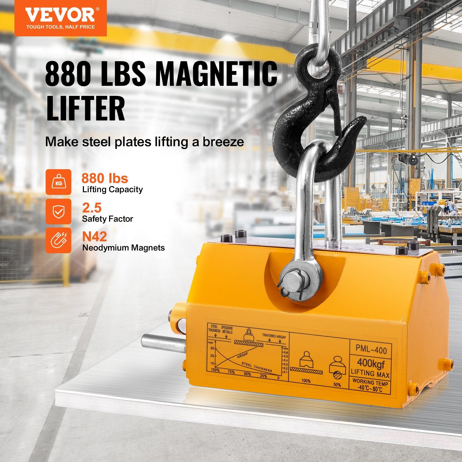 VEVOR Magnetic Lifter, 880 lbs/400 kg Pulling Capacity, 2.5 Safety Factor, Neodymium & Steel, Lifting Magnet with Release, Permanent Lift Magnets, Hea