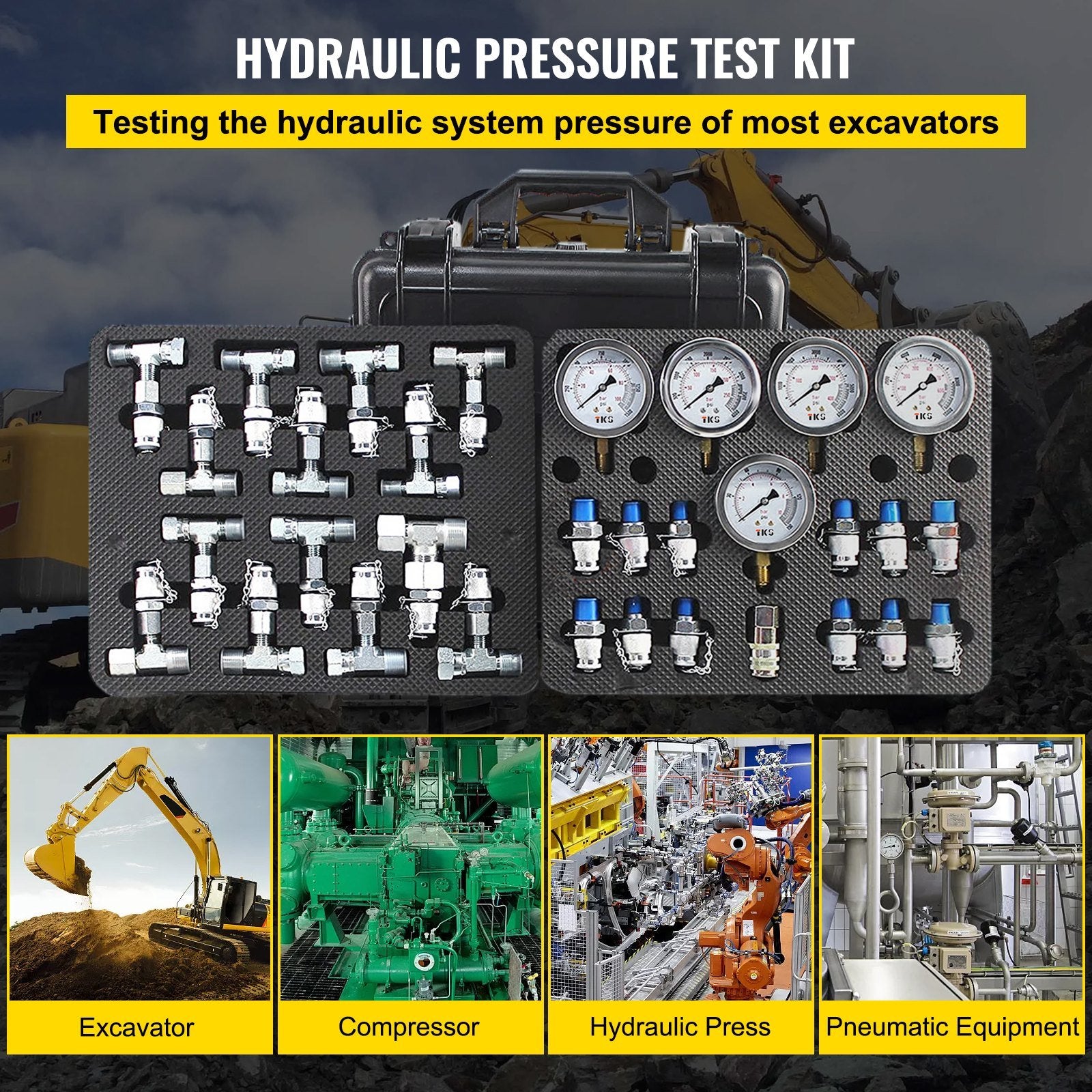 VEVOR Hydraulic Pressure Test Kit, 10/100/250/400/600bar, 5 Gauges 13 Test Couplings 14 Tee Connectors 5 Test Hoses, Hydraulic Gauge Kit w/ Sturdy Car