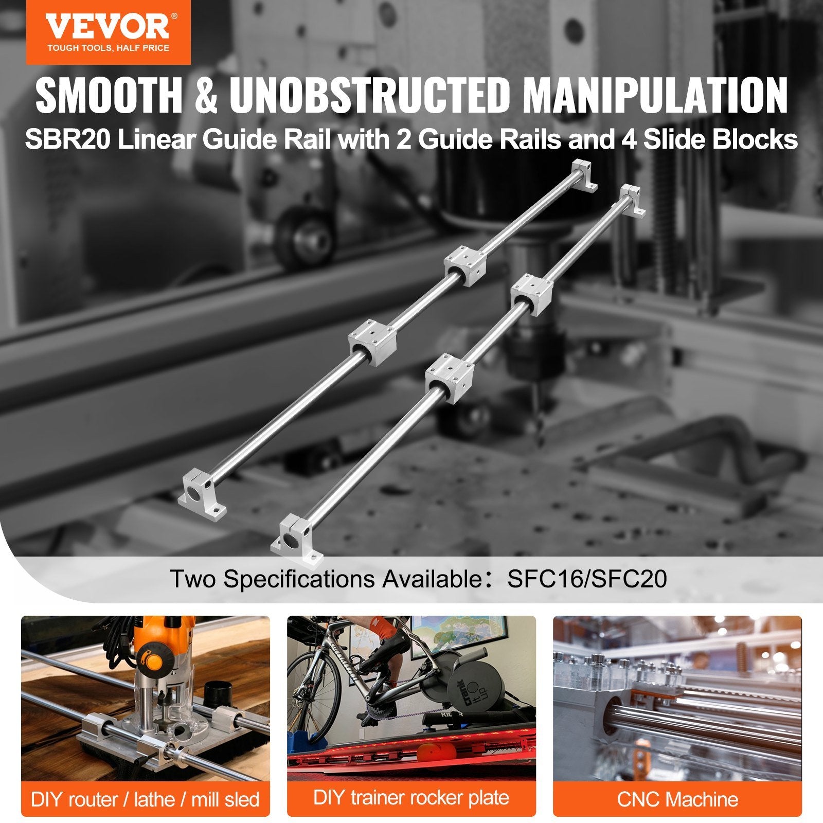 VEVOR Linear Guide Rail Set, SFC20 1200mm, 2 PCS 39.4 in/1000 mm SFC20 Guide Rails 4 PCS SC20 Slide Blocks 4 PCS Rail Supports, Linear Rails and Beari