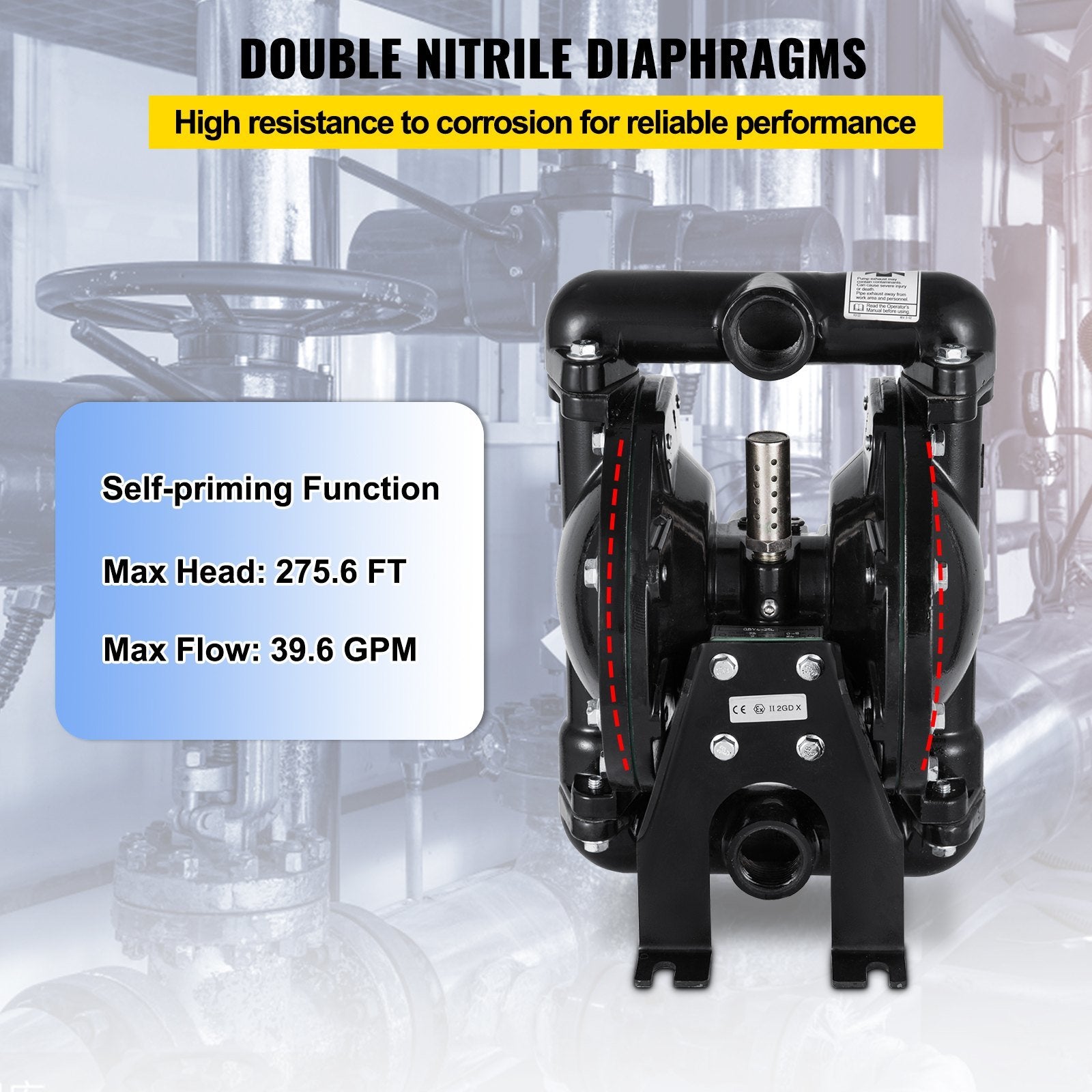 VEVOR Air-Operated Double Diaphragm Pump 1 inch Inlet Outlet Aluminum 35 GPM Max 120PSI, Nitrile Diaphragm, QBY4-25L-1inch-35