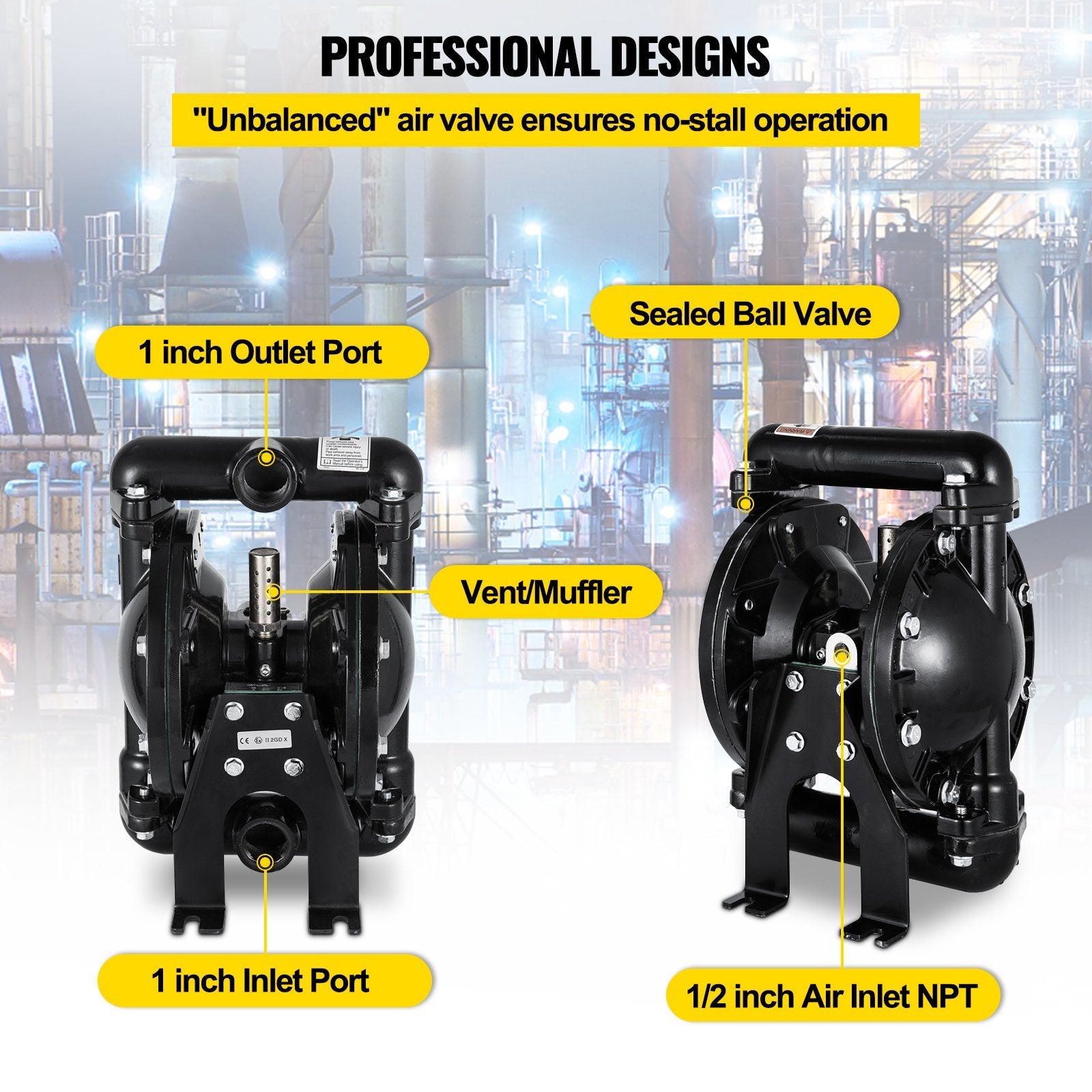 VEVOR Air-Operated Double Diaphragm Pump 1 inch Inlet Outlet Aluminum 35 GPM Max 120PSI, Nitrile Diaphragm, QBY4-25L-1inch-35