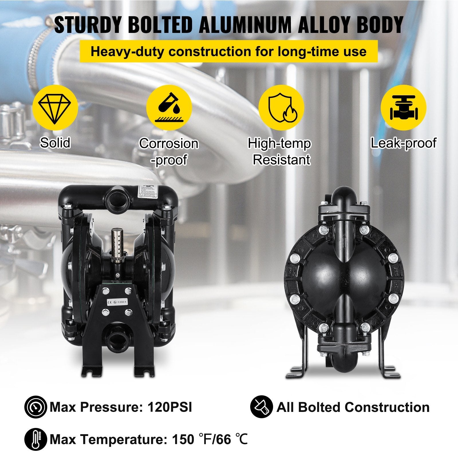 VEVOR Air-Operated Double Diaphragm Pump 1 inch Inlet Outlet Aluminum 35 GPM Max 120PSI, Nitrile Diaphragm, QBY4-25L-1inch-35