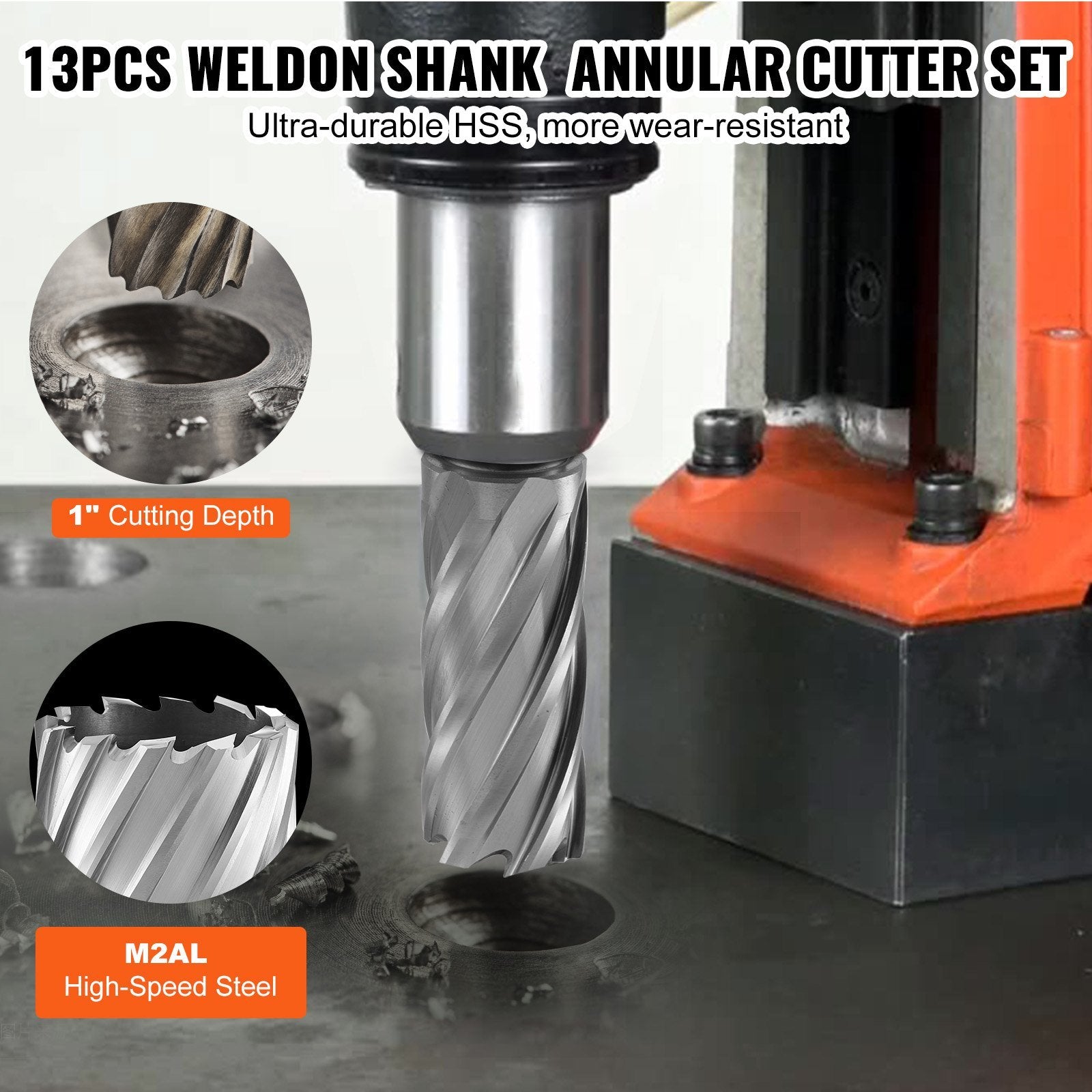 VEVOR Annular Cutter Set, 13 pcs Weldon Shank Mag Drill Bits, 1" Cutting Depth, 7/16" to 1-1/16" Cutting Diameter, M2AL HSS, 2 Pilot Pins, Hex Wrench 