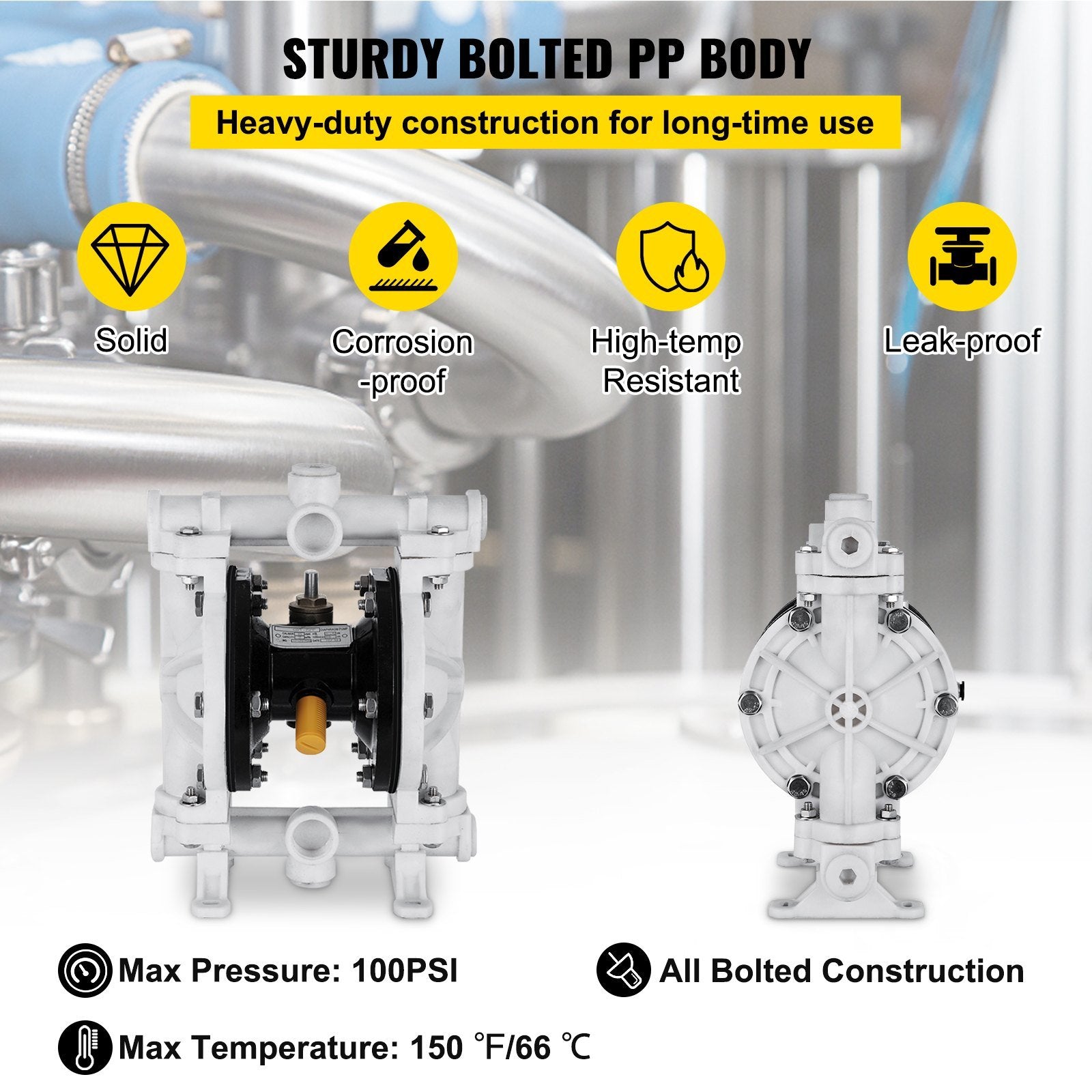 VEVOR Air-Operated Double Diaphragm Pump, 1/2 in Inlet & Outlet, Polypropylene Body, 13.2 GPM & Max 120PSI, PTFE Diaphragm Pneumatic Transfer Pump for