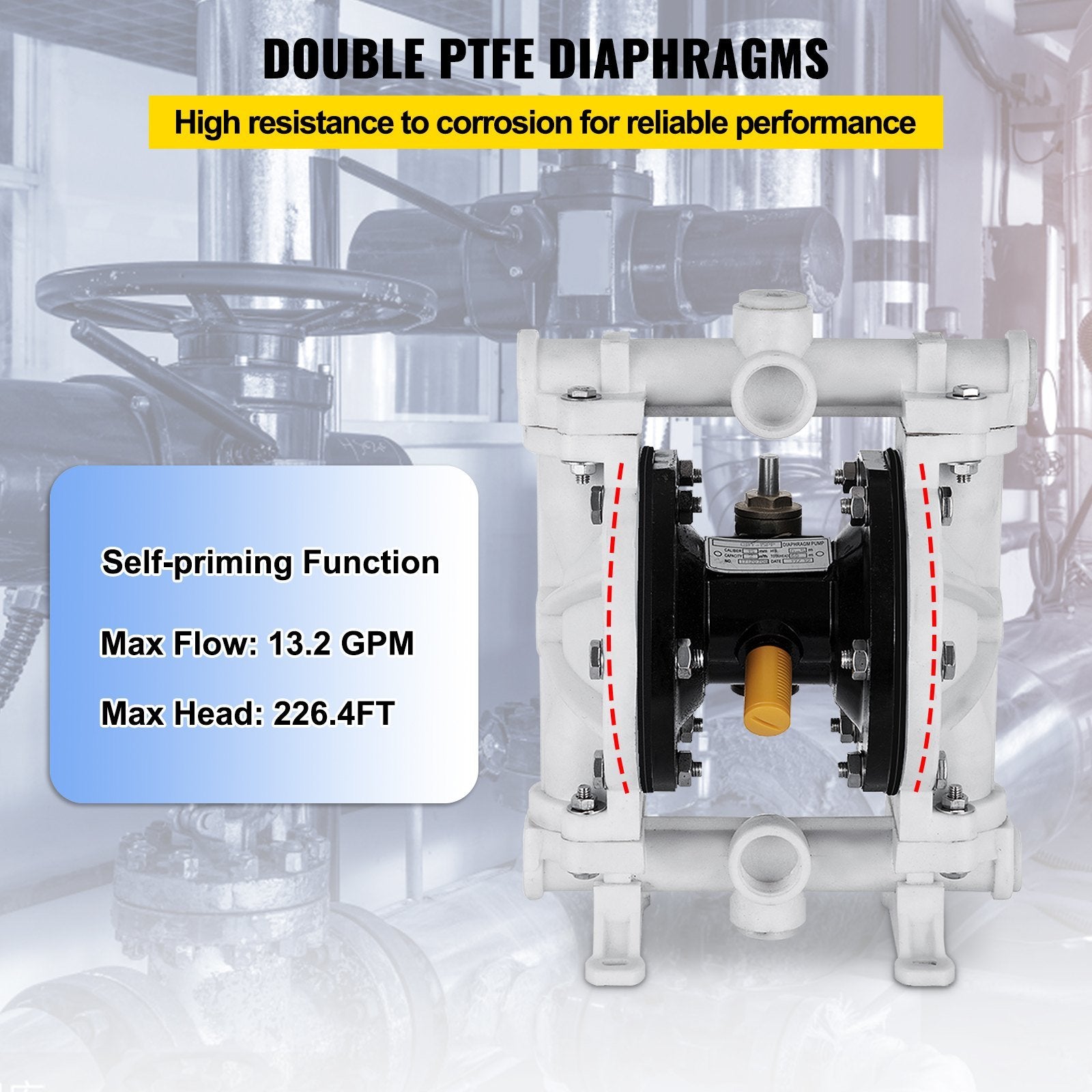 VEVOR Air-Operated Double Diaphragm Pump, 1/2 in Inlet & Outlet, Polypropylene Body, 13.2 GPM & Max 120PSI, PTFE Diaphragm Pneumatic Transfer Pump for