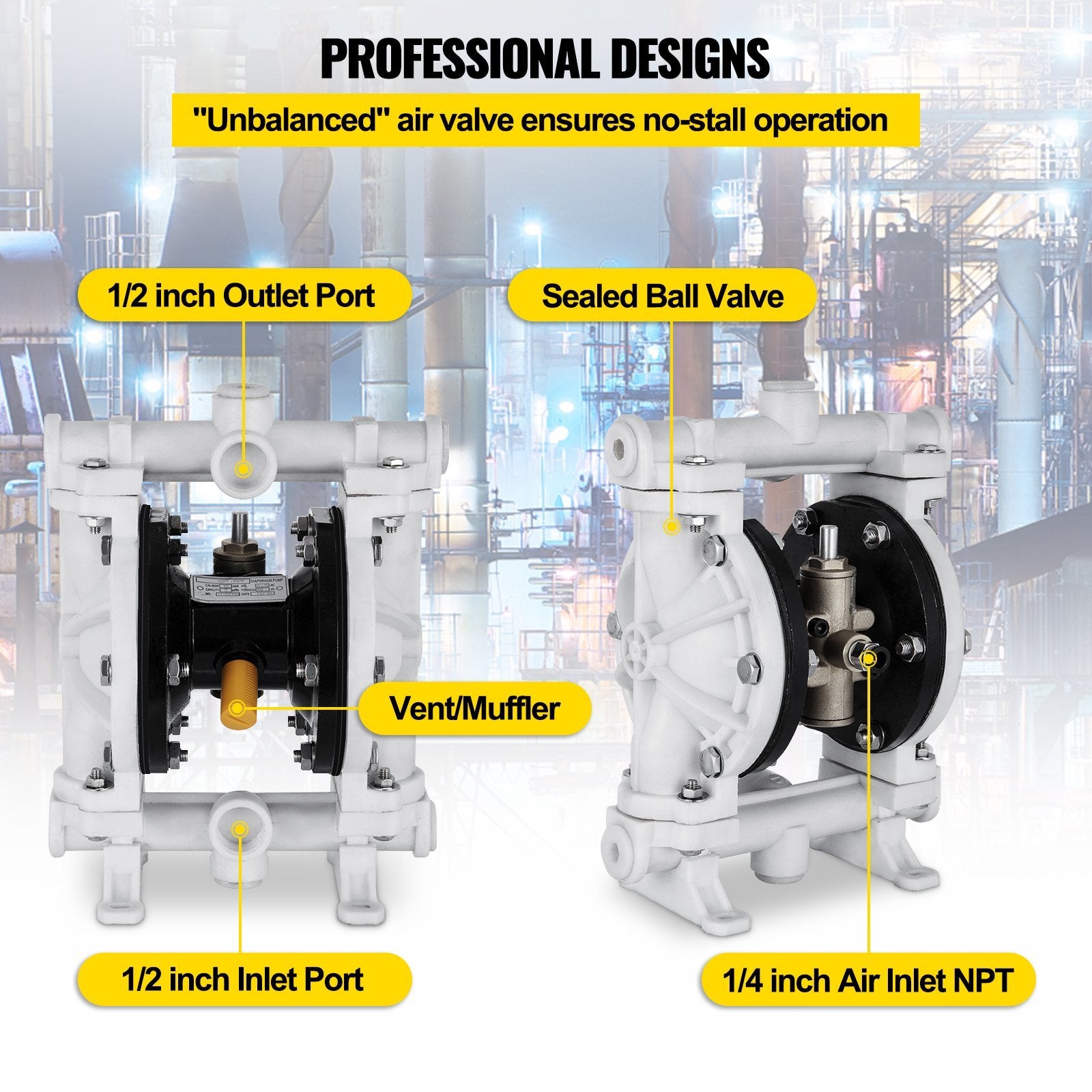 VEVOR Air-Operated Double Diaphragm Pump, 1/2 in Inlet & Outlet, Polypropylene Body, 13.2 GPM & Max 120PSI, PTFE Diaphragm Pneumatic Transfer Pump for