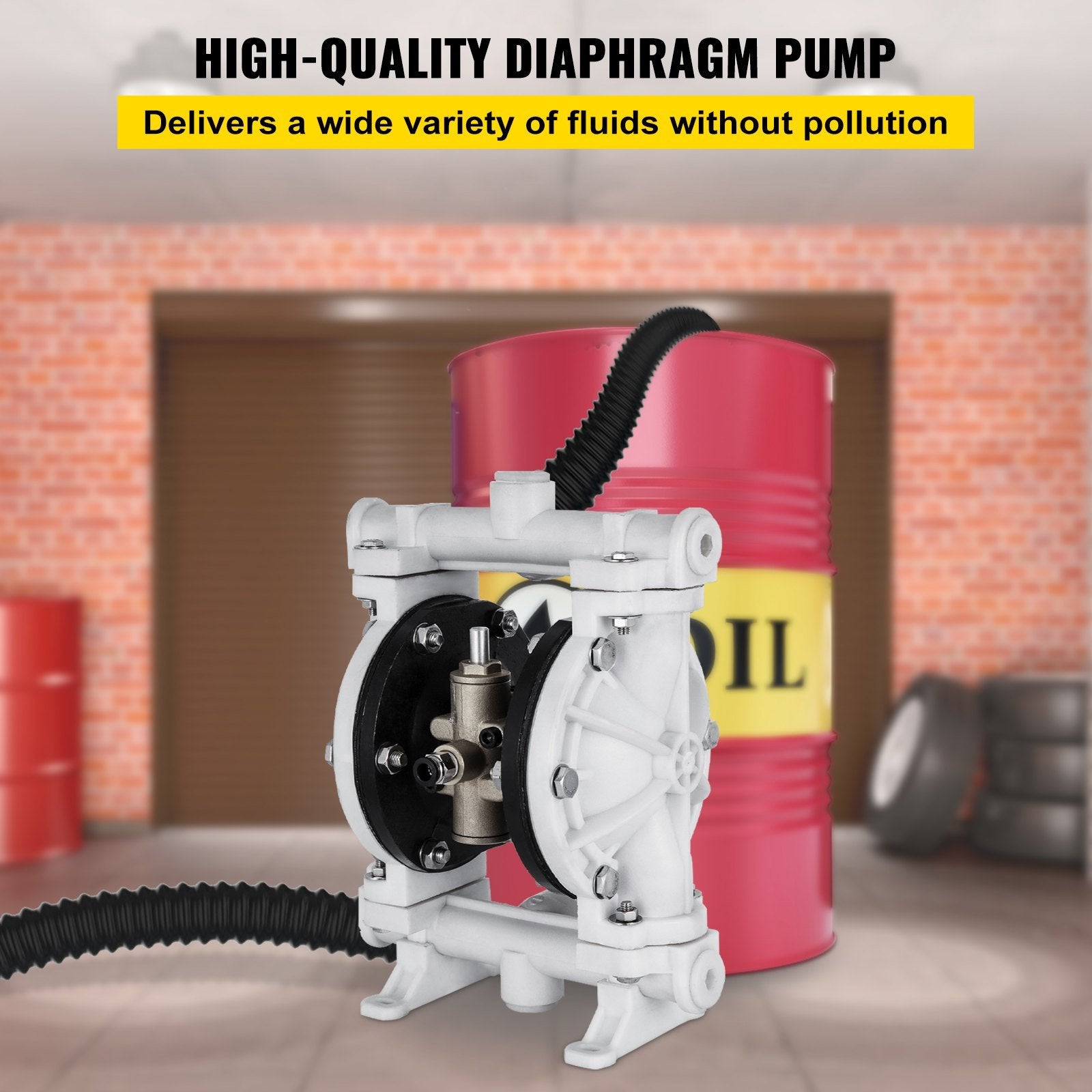 VEVOR Air-Operated Double Diaphragm Pump, 1/2 in Inlet & Outlet, Polypropylene Body, 13.2 GPM & Max 120PSI, PTFE Diaphragm Pneumatic Transfer Pump for