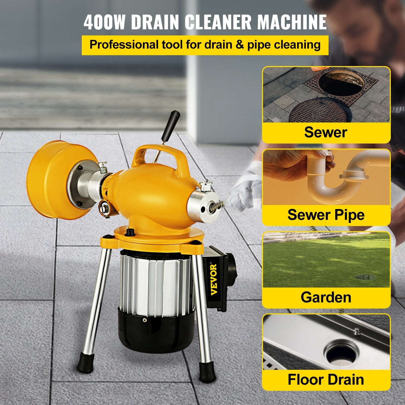 VEVOR Drain Cleaner Machine, 66Ft x2/3Inch Electric Drain Auger with 2 Cables for 3/4" to 4" Pipes, Power Spin with Autofeed Function & 6 Cutters, Sew