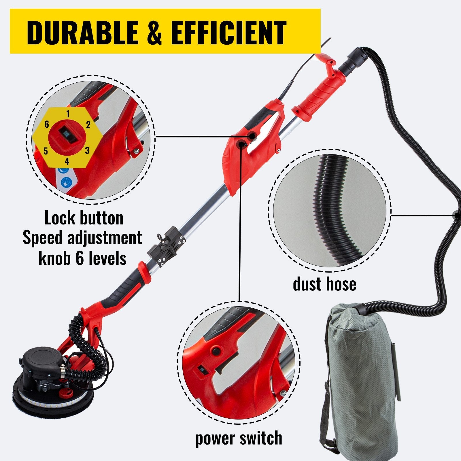 VEVOR Drywall Sander 850W, Electric Drywall Sander, Variable Speed 800-1750 RPM, Foldable Sheetrock Sander, with Telescope Handle, Electric Sander, wi