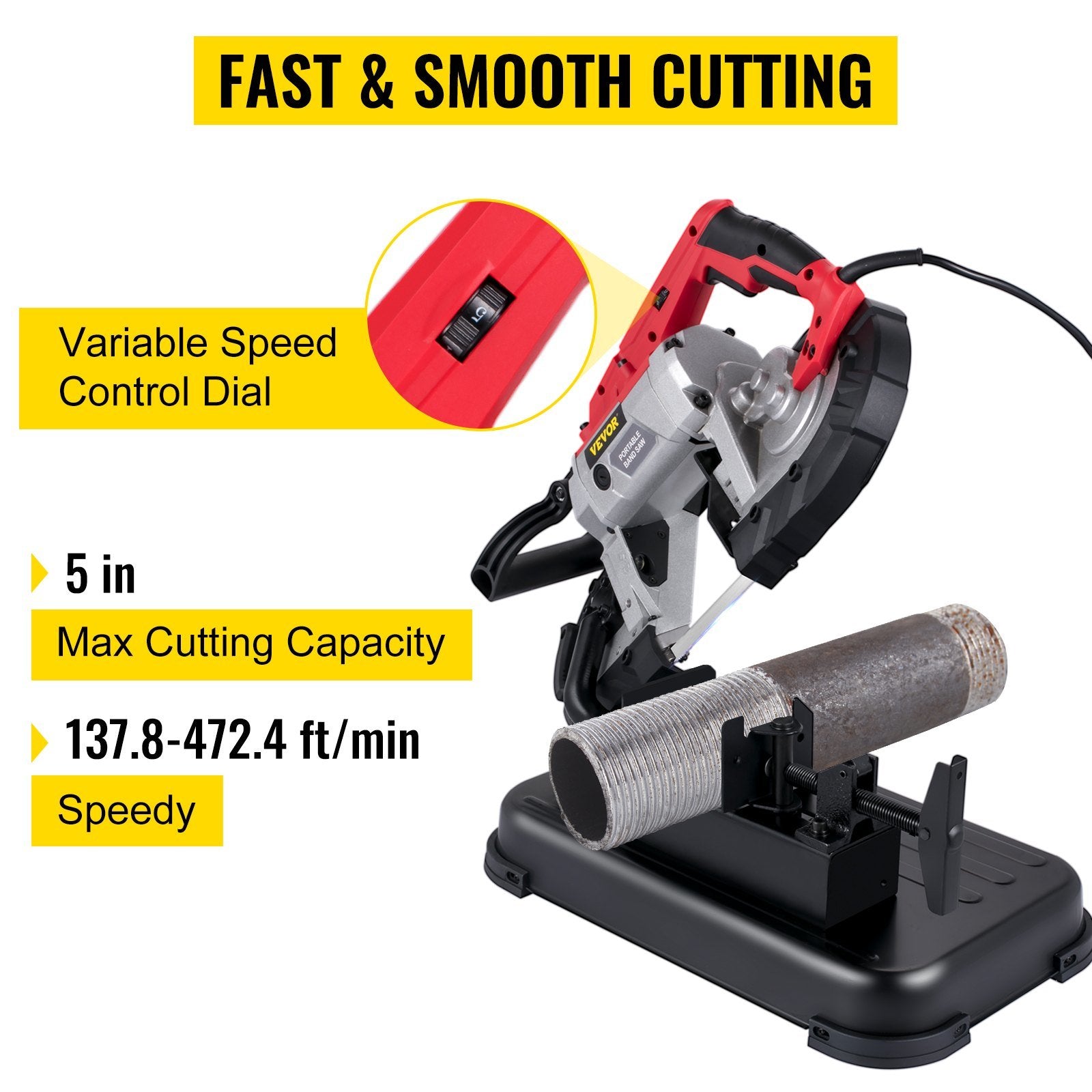 VEVOR Portable Band Saw, 110V Removable Alloy Steel Base Cordless Band Saw, 5 Inch Cutting Capacity Hand held Band Saw,Variable Speed Portable Bandsaw