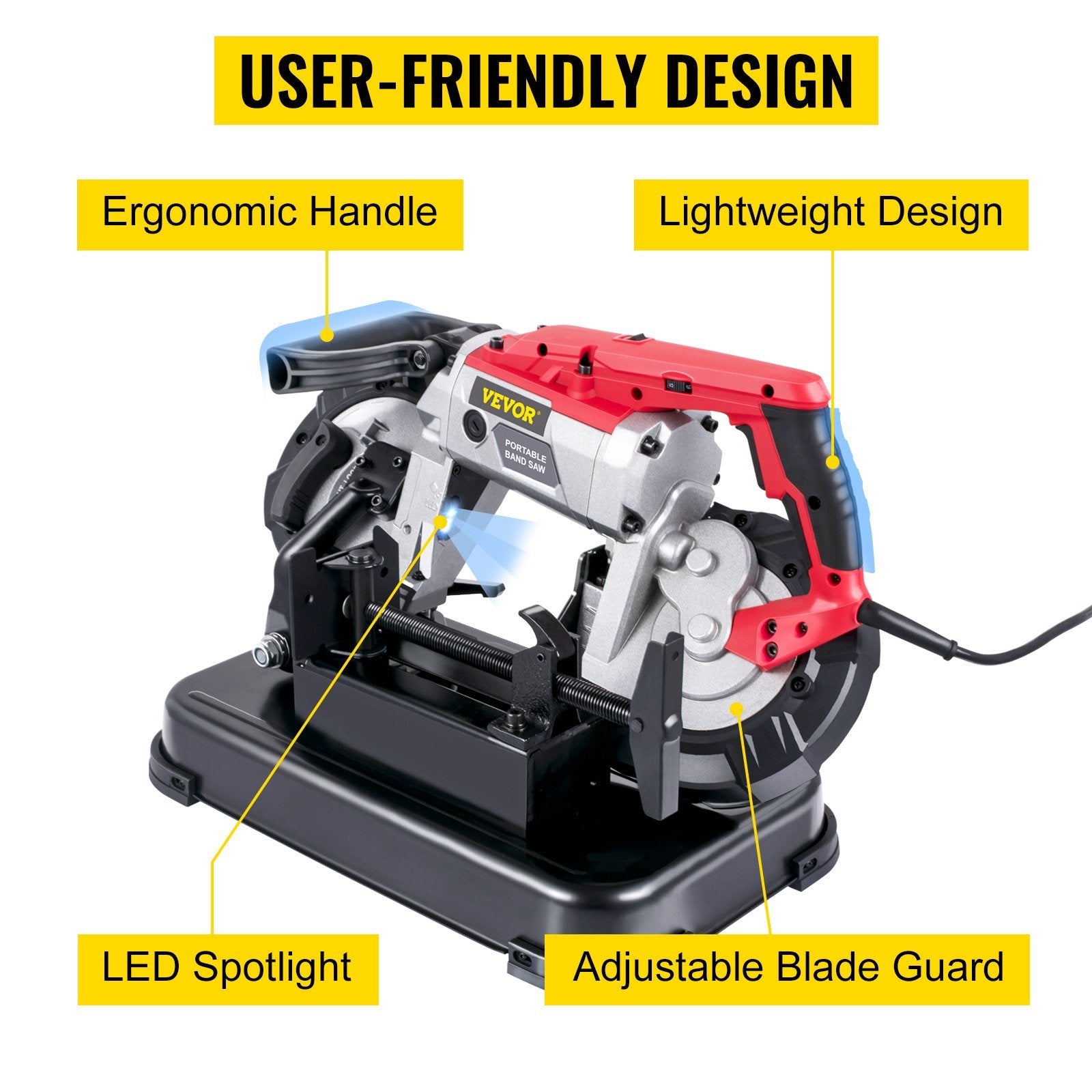 VEVOR Portable Band Saw, 110V Removable Alloy Steel Base Cordless Band Saw, 5 Inch Cutting Capacity Hand held Band Saw,Variable Speed Portable Bandsaw