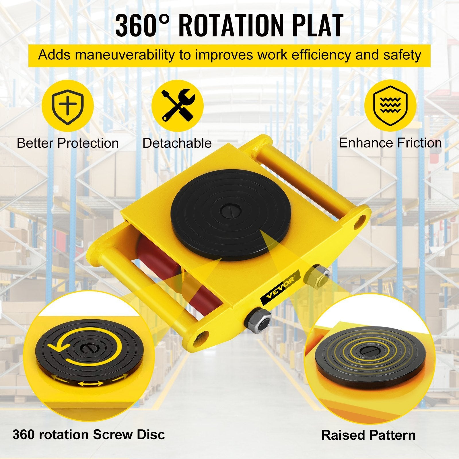 VEVOR Industrial Machinery Mover, 6T/13200lbs Machinery Moving Skate with 360°Rotation Cap and 4 Rollers & PU Wheels, Heavy Duty Dolly Skates for Movi