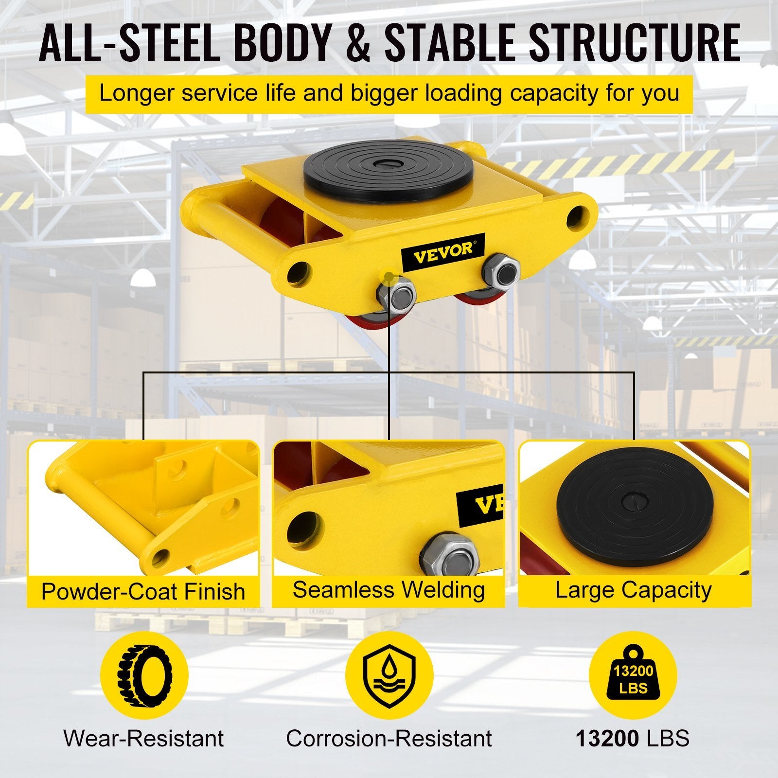 VEVOR Industrial Machinery Mover, 6T/13200lbs Machinery Moving Skate with 360°Rotation Cap and 4 Rollers & PU Wheels, Heavy Duty Dolly Skates for Movi