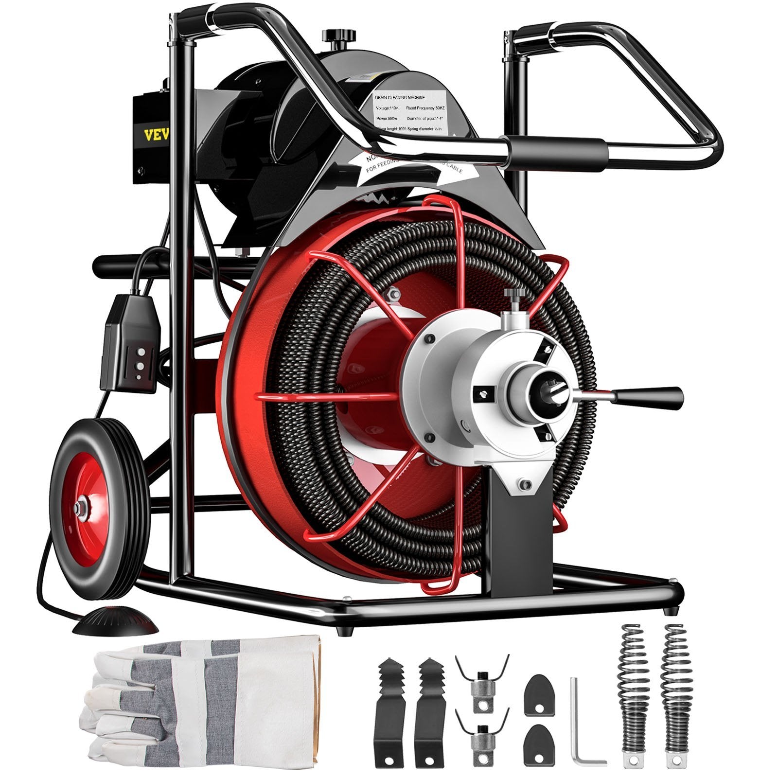 VEVOR 100 Ft x 1/2Inch Drain Cleaner Machine fit 2 Inch (50mm) to 4 Inch(100mm) Pipes 550W Open Drain Cleaning Machine 1700 r/min Electric Drain Auger