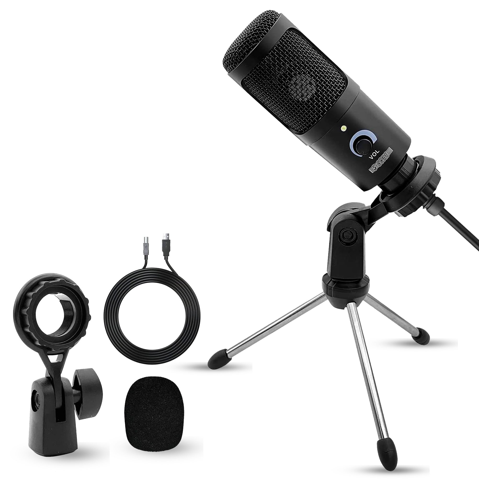 5 Core Recording Microphone Podcast Bundle • Professional Condenser Cardioid Mic Kit • w Desk Stand • Foam Cover • Small Shock Mount • USB A to B Cord for Streaming Studio Recording- RM BLK TRI