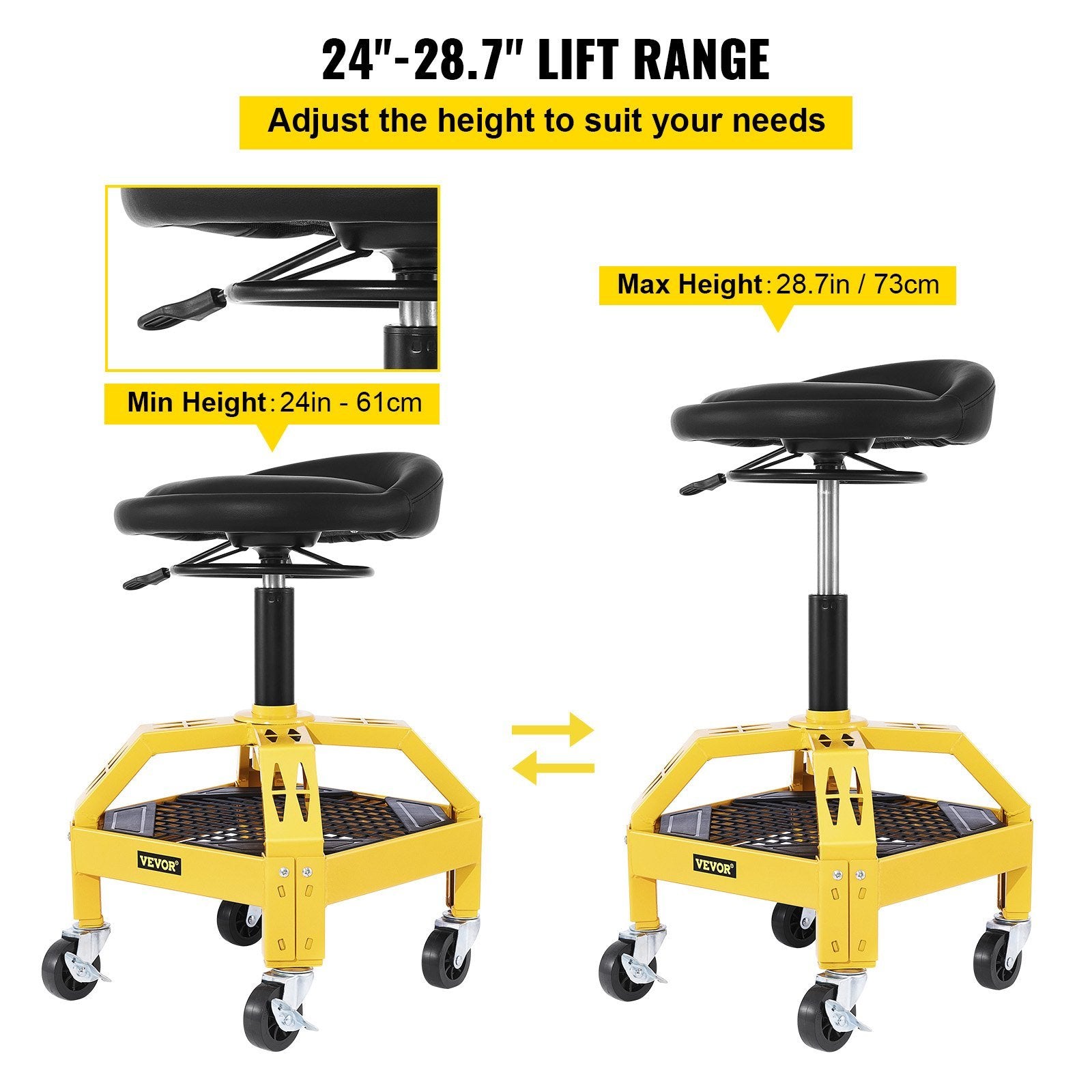 VEVOR Rolling Garage Stool, 300LBS Capacity, Adjustable Height from 24 in to 28.7 in, Mechanic Seat with 360-degree Swivel Wheels and Tool Tray, for W