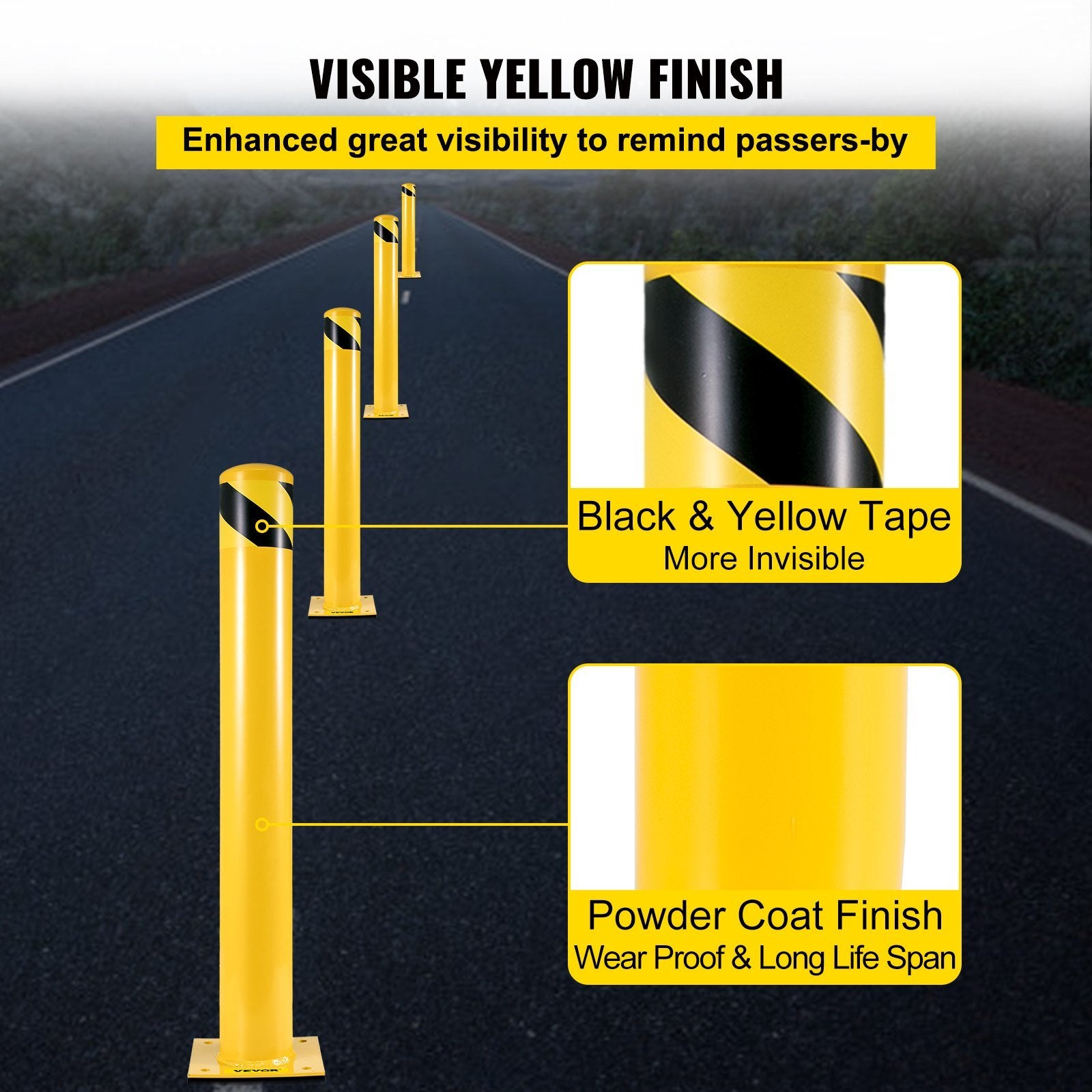 VEVOR Safety Bollard, 36 Inch Height Bollard Post, 5.5 Inch Diameter Steel Pipe Safety Bollard Post, Yellow Steel Bollard, Steel Safety Bollard with 8