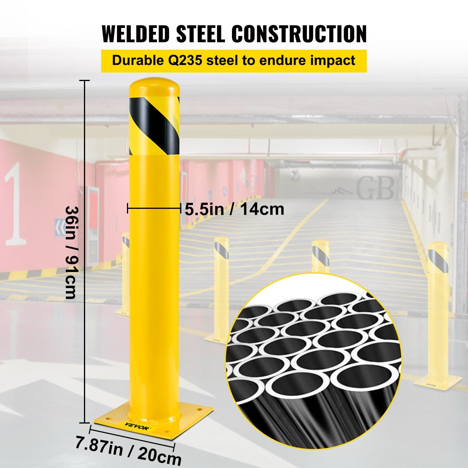 VEVOR Safety Bollard, 36 Inch Height Bollard Post, 5.5 Inch Diameter Steel Pipe Safety Bollard Post, Yellow Steel Bollard, Steel Safety Bollard with 8