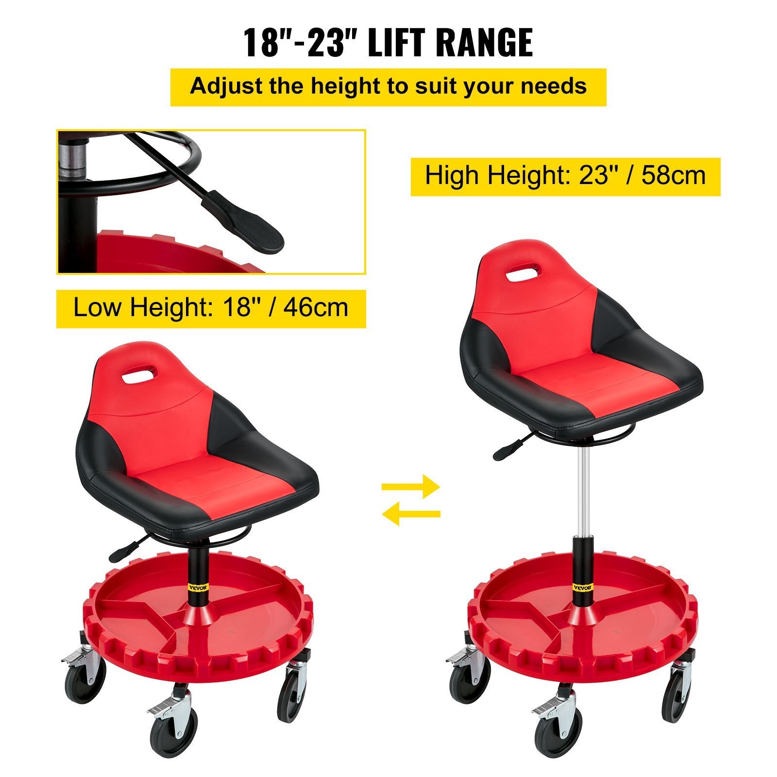 VEVOR Rolling Garage Stool, 300LBS Capacity, 18"-23" Adjustable Height Range, Mechanic Seat with Swivel Casters and Tool Tray, for Workshop, Auto Repa