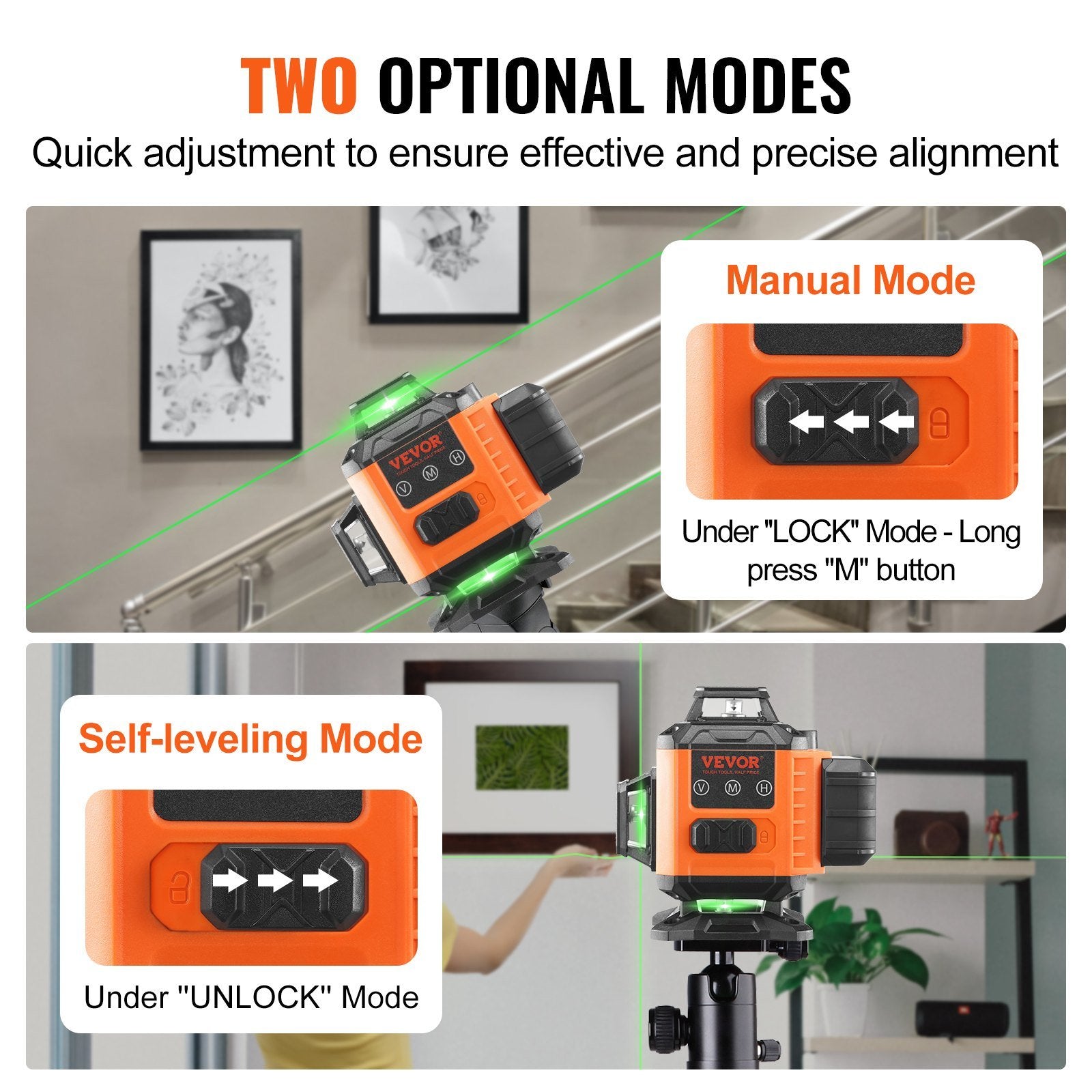 VEVOR Laser Level, 100ft, Self Leveling Manual Green 3 x 360° Cross 16 Line Laser, IP54 Waterproof Remote Control Manual Self-leveling Mode & 5h Conti