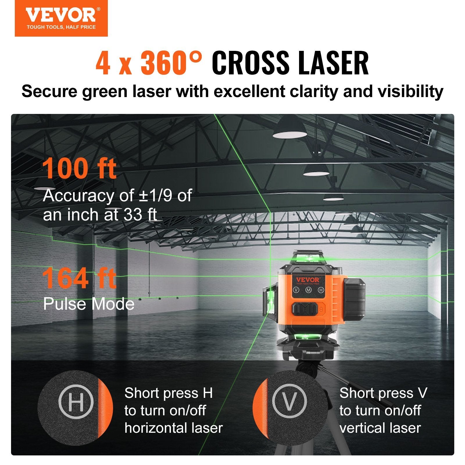 VEVOR Laser Level, 100ft, Self Leveling Manual Green 3 x 360° Cross 16 Line Laser, IP54 Waterproof Remote Control Manual Self-leveling Mode & 5h Conti