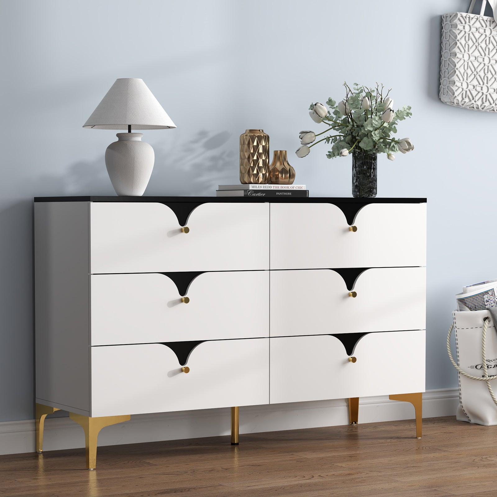 White Modern 6 Drawers Dresser Cabinet