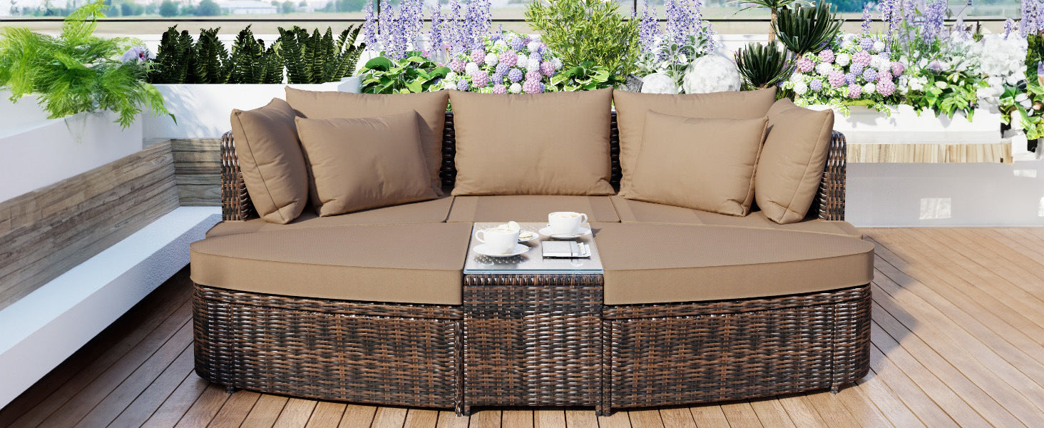 TOPMAX 6-Piece Patio Outdoor Conversation Round Sofa Set, PE Wicker Rattan Separate Seating Group with Coffee Table, Brown