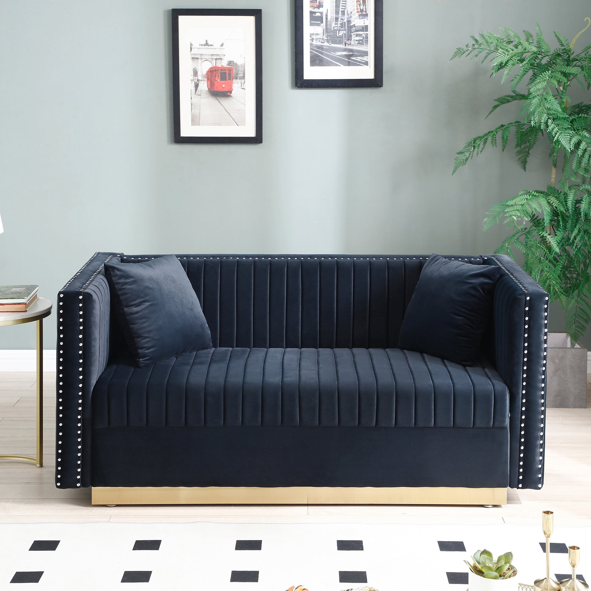 Contemporary Vertical Channel Tufted Velvet Sofa Loveseat Modern Upholstered 2 Seater Couch for Living Room Apartment with 2 pillows,Black