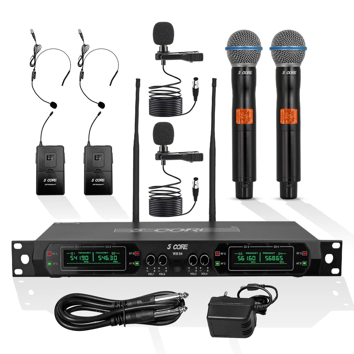 5 Core Wireless Microphones Set 4 Channel Fixed Frequency UHF Mic System Max 260ft Range w 2 Handheld 2 Lapel 2 Headset Mic- WM UHF 02-HM+02-LM