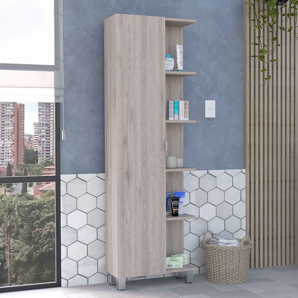 DEPOT E-SHOP Venus Linen Single Door Cabinet, Five External Shelves, Four Interior Shelves, Light Gray