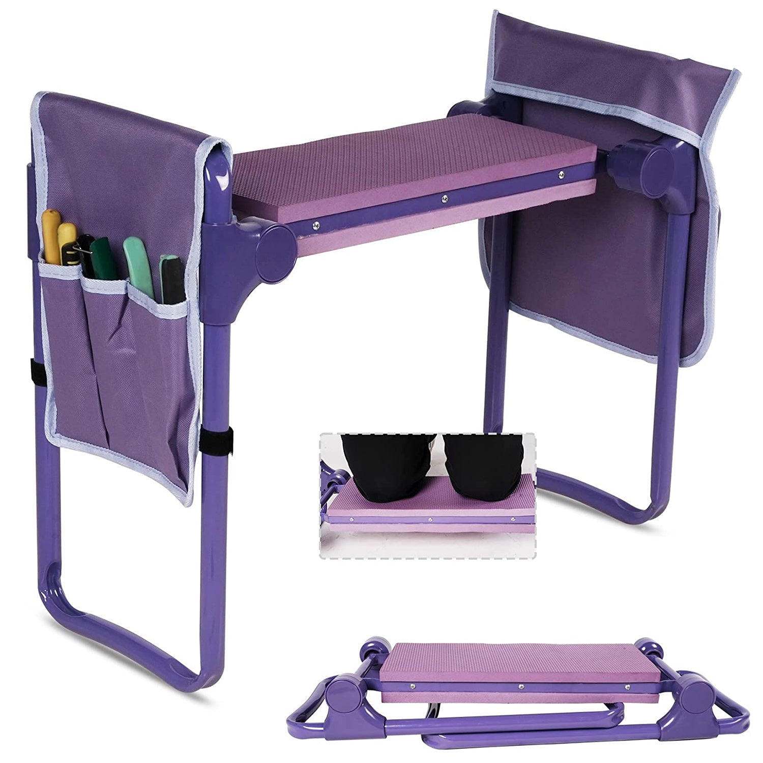 Heavy Duty Garden Kneeler and Seat Stool Garden Folding Bench with 2 Tool Pouches & EVA Foam Kneeling Pad,  Brown/Purple