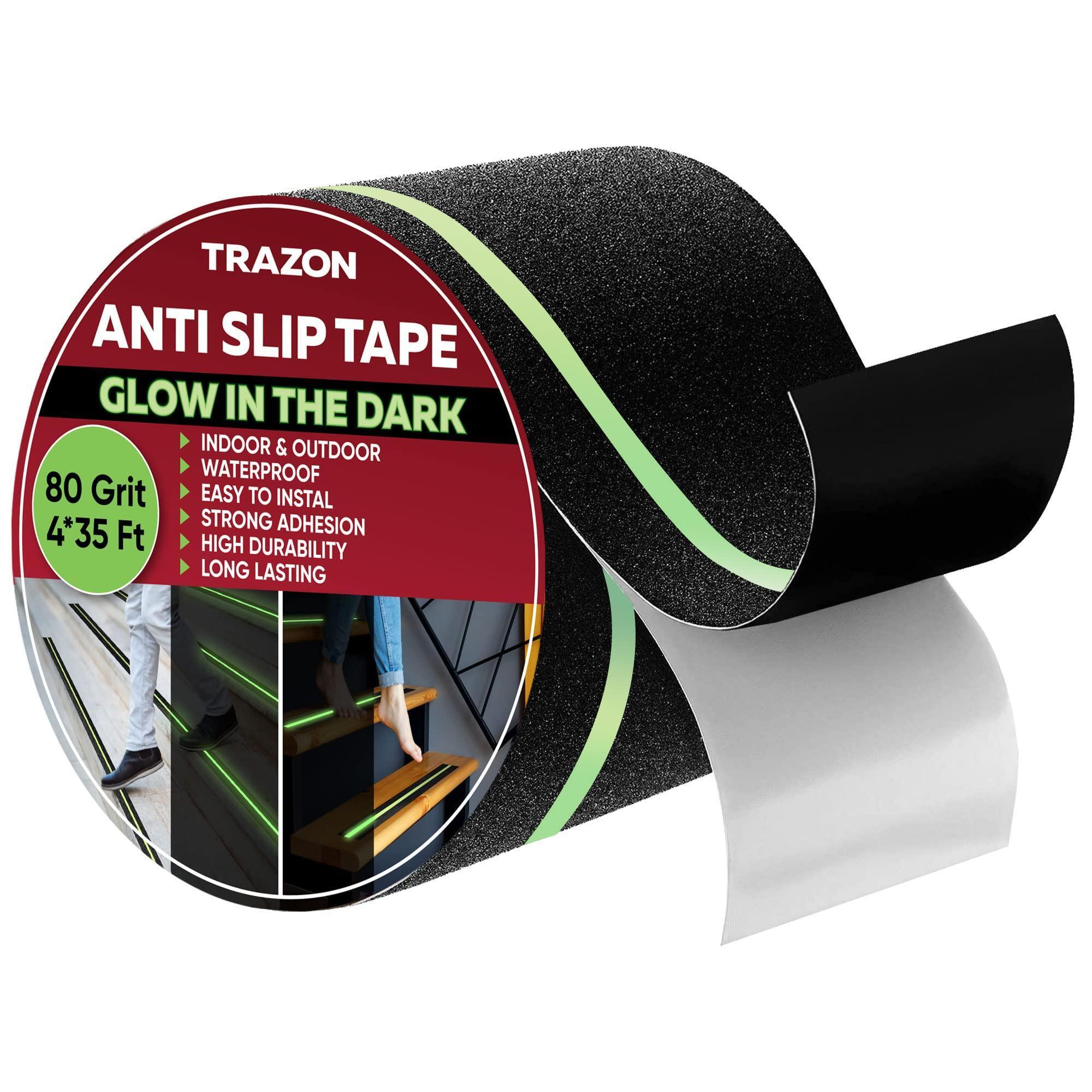 Grip Tape Heavy Duty Anti Slip Tape for Stairs 4 Inch x 35 Feet Black with Glow in The Dark Strips Outdoor Indoor Waterproof Non Skid Roll for Stair Steps Traction Tread Staircase Grips