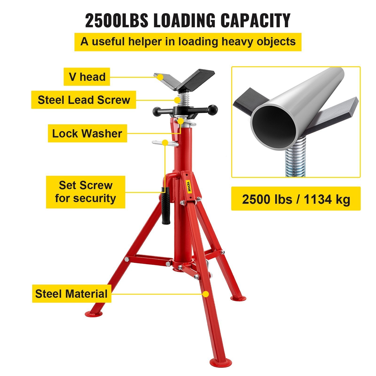 VEVOR V Head Pipe Stand 1/8"-12" Capacity,Adjustable Height 28"-52,Pipe Jack Stands 2500 lb. Load Capacity,Portable Folding Pipe Stands, Carbon Steel