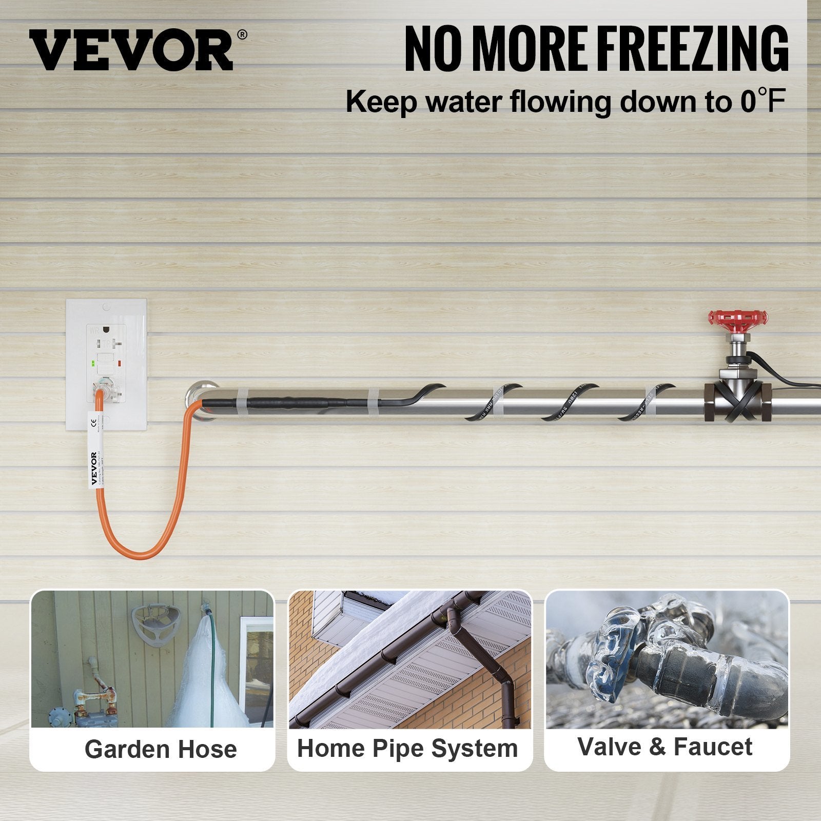 VEVOR Self-Regulating Pipe Heating Cable, 6-feet 5W/ft Heat Tape for Pipes Freeze Protection, Protects PVC Hose, Metal and Plastic Pipe from Freezing,