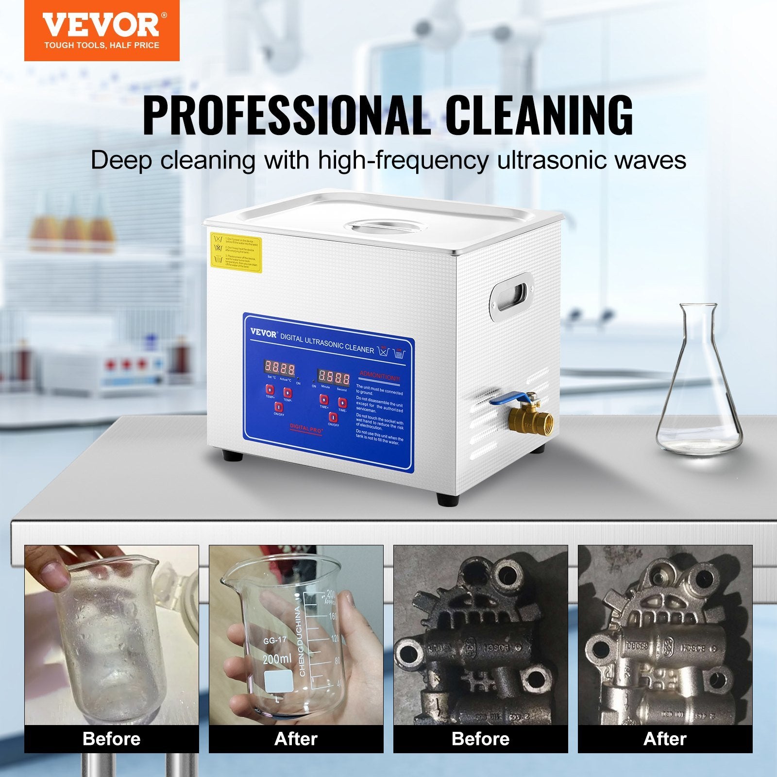 VEVOR Professional Ultrasonic Cleaner 10L/2.5 Gal, Easy to Use with Digital Timer & Heater, Stainless Steel Industrial Machine for Jewelry Dentures Sm