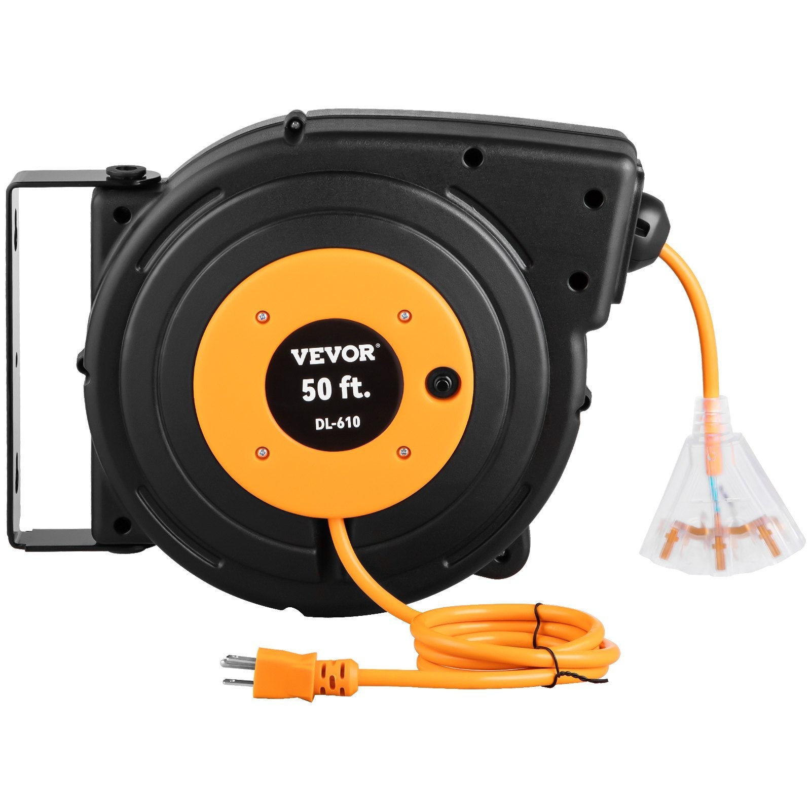 VEVOR Retractable Extension Reel, 50 FT Heavy Duty 14AWG/3C SJTOW Power Cord with Lighted Triple Tap Outlet, 13 Amp Circuit Breaker, 180° Swivel Brack
