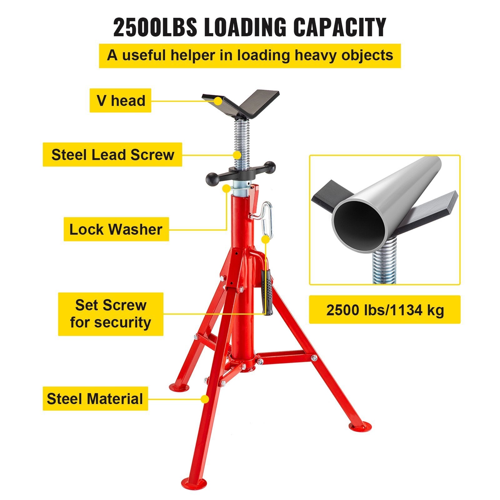 VEVOR V Head Pipe Stand Adjustable Height 28-52 Inch, Pipe Jack Stands 2500 LB. Capacity,Folding Portable Pipe Stands 1/2 to 12 Inch Pipe Supporting,S
