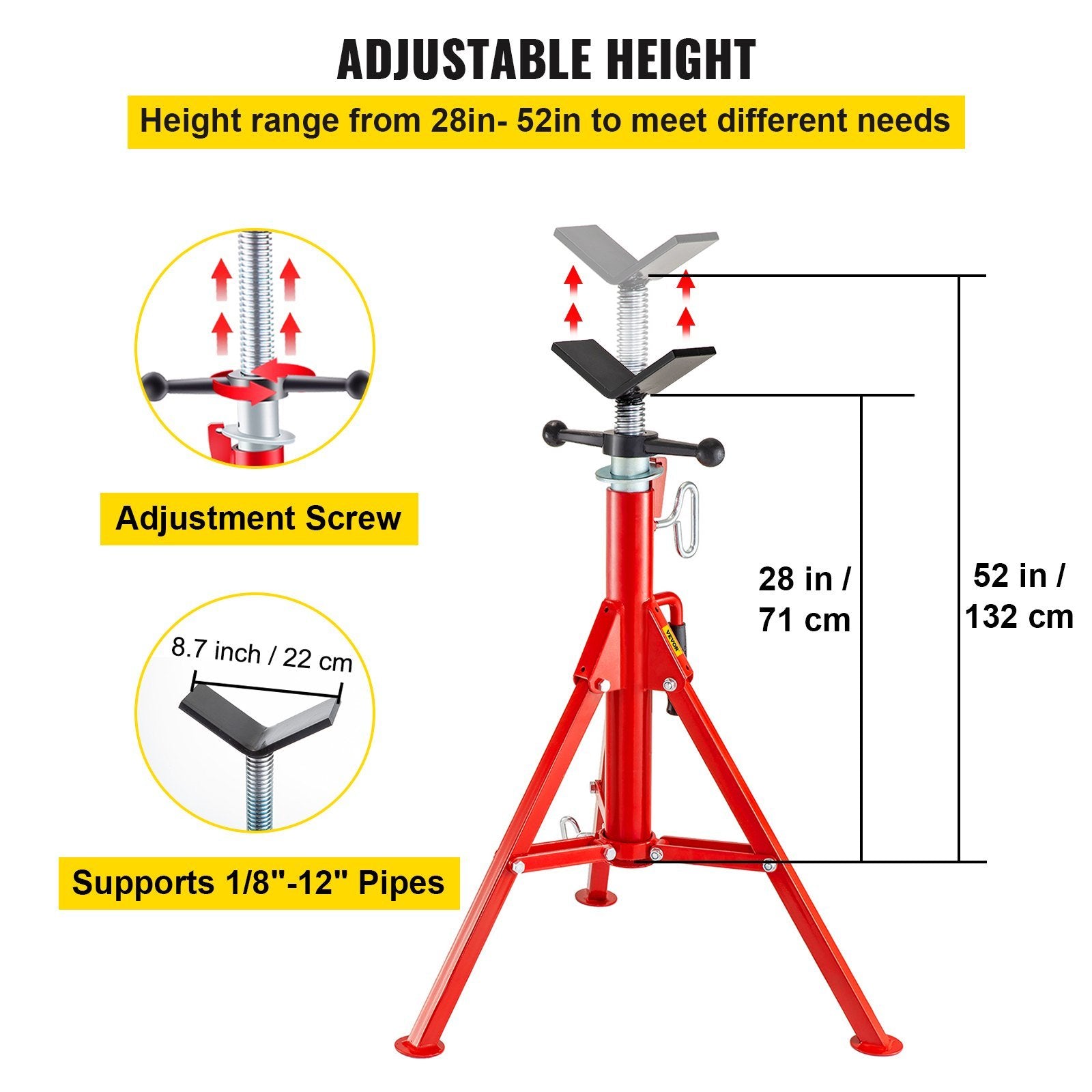 VEVOR V Head Pipe Stand Adjustable Height 28-52 Inch, Pipe Jack Stands 2500 LB. Capacity,Folding Portable Pipe Stands 1/2 to 12 Inch Pipe Supporting,S