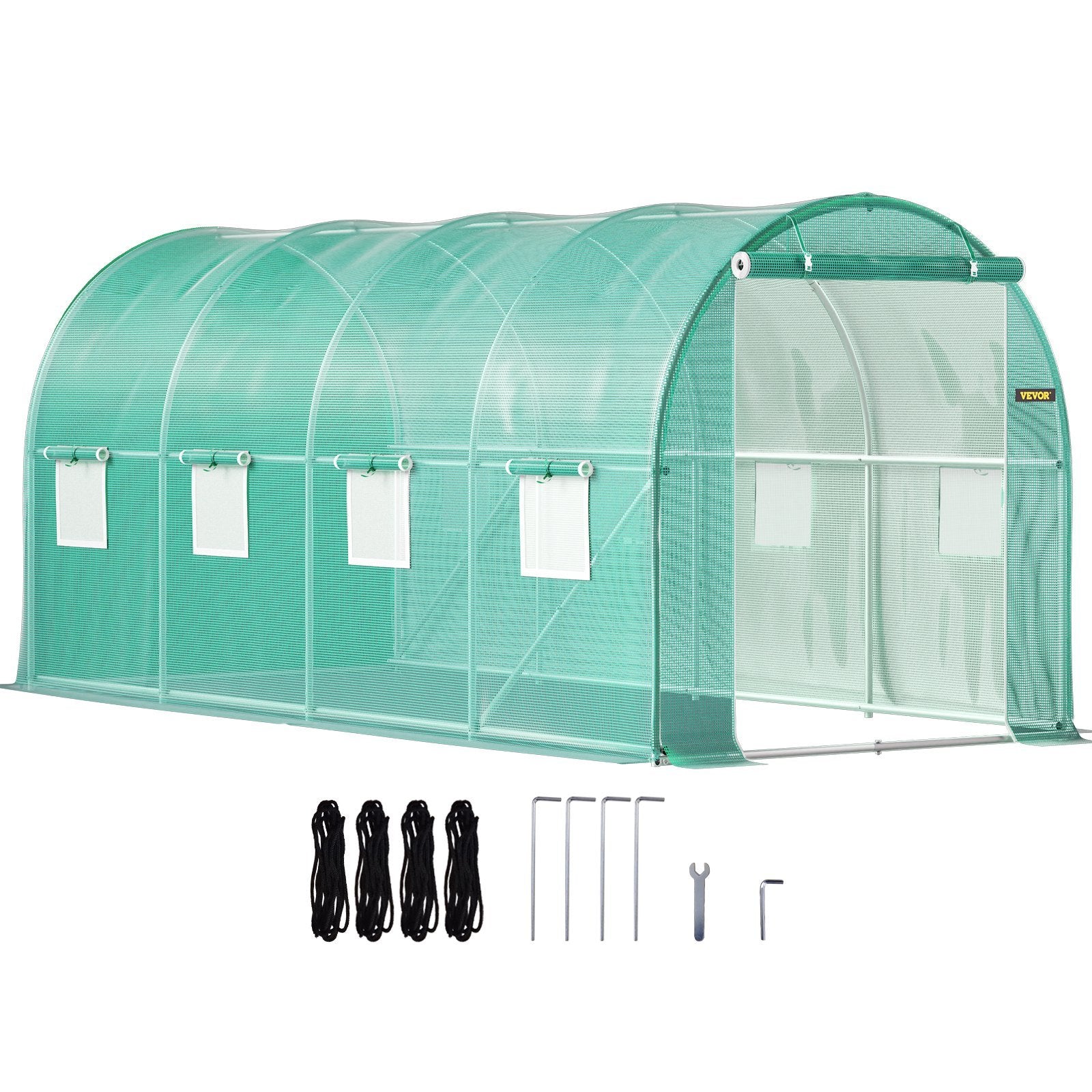 VEVOR Walk-in Tunnel Greenhouse, 15 x 7 x 7 ft Portable Plant Hot House w/ Galvanized Steel Hoops, 1 Top Beam, Diagonal Poles, Zippered Door & 8 Roll-up Windows, Green