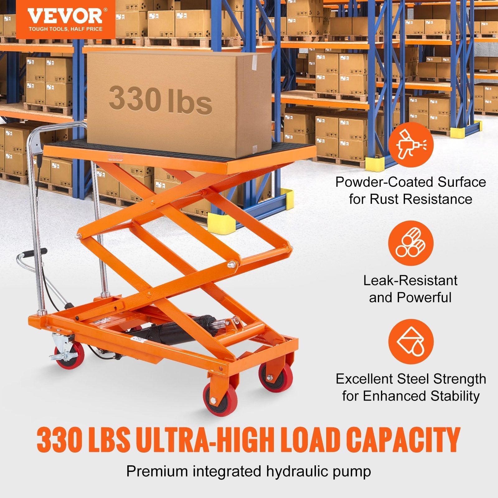 VEVOR Hydraulic Lift Table Cart, 330lbs Capacity 50" Lifting Height, Manual Double Scissor Lift Table with 4 Wheels and Non-slip Pad, Hydraulic Scisso