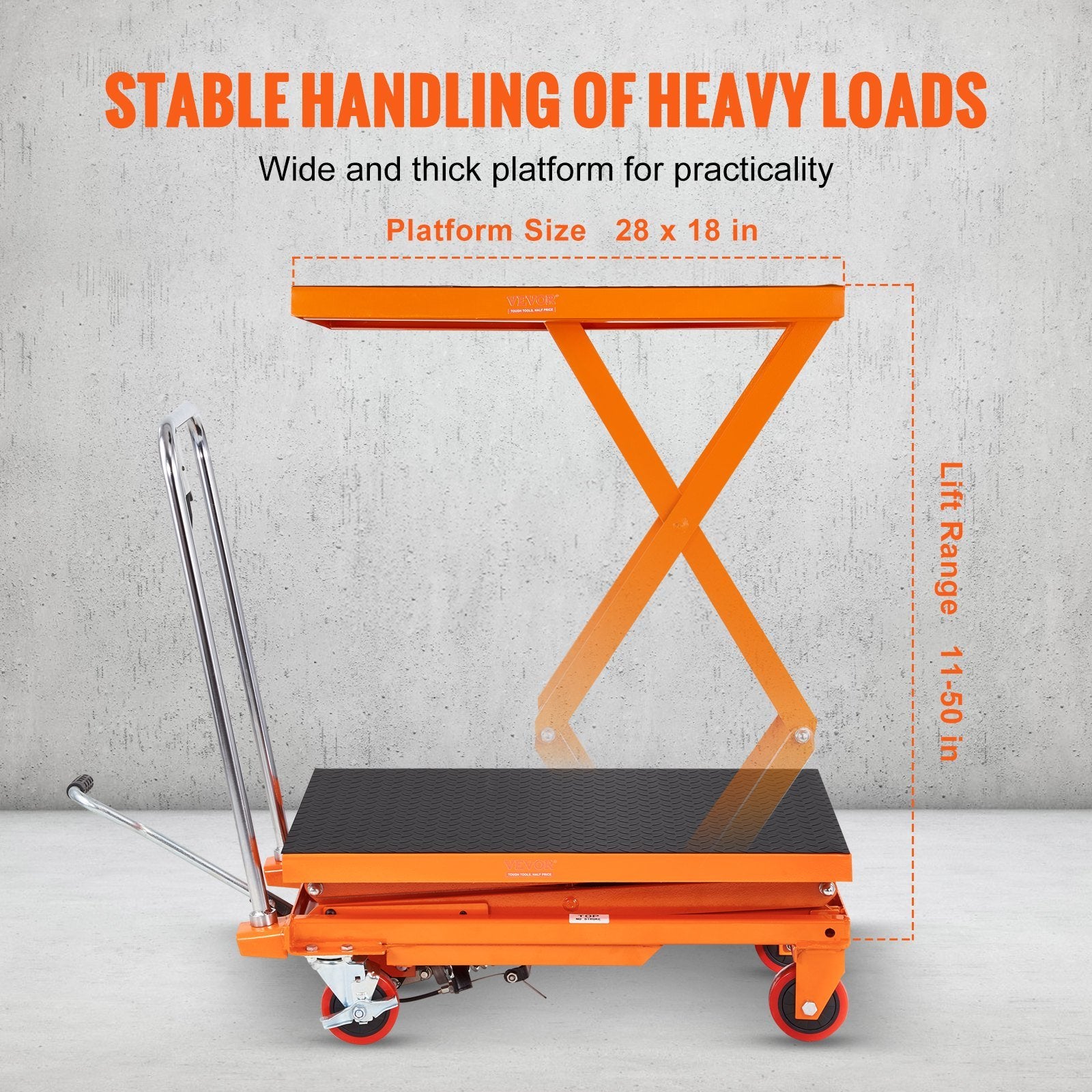 VEVOR Hydraulic Lift Table Cart, 330lbs Capacity 50" Lifting Height, Manual Double Scissor Lift Table with 4 Wheels and Non-slip Pad, Hydraulic Scisso
