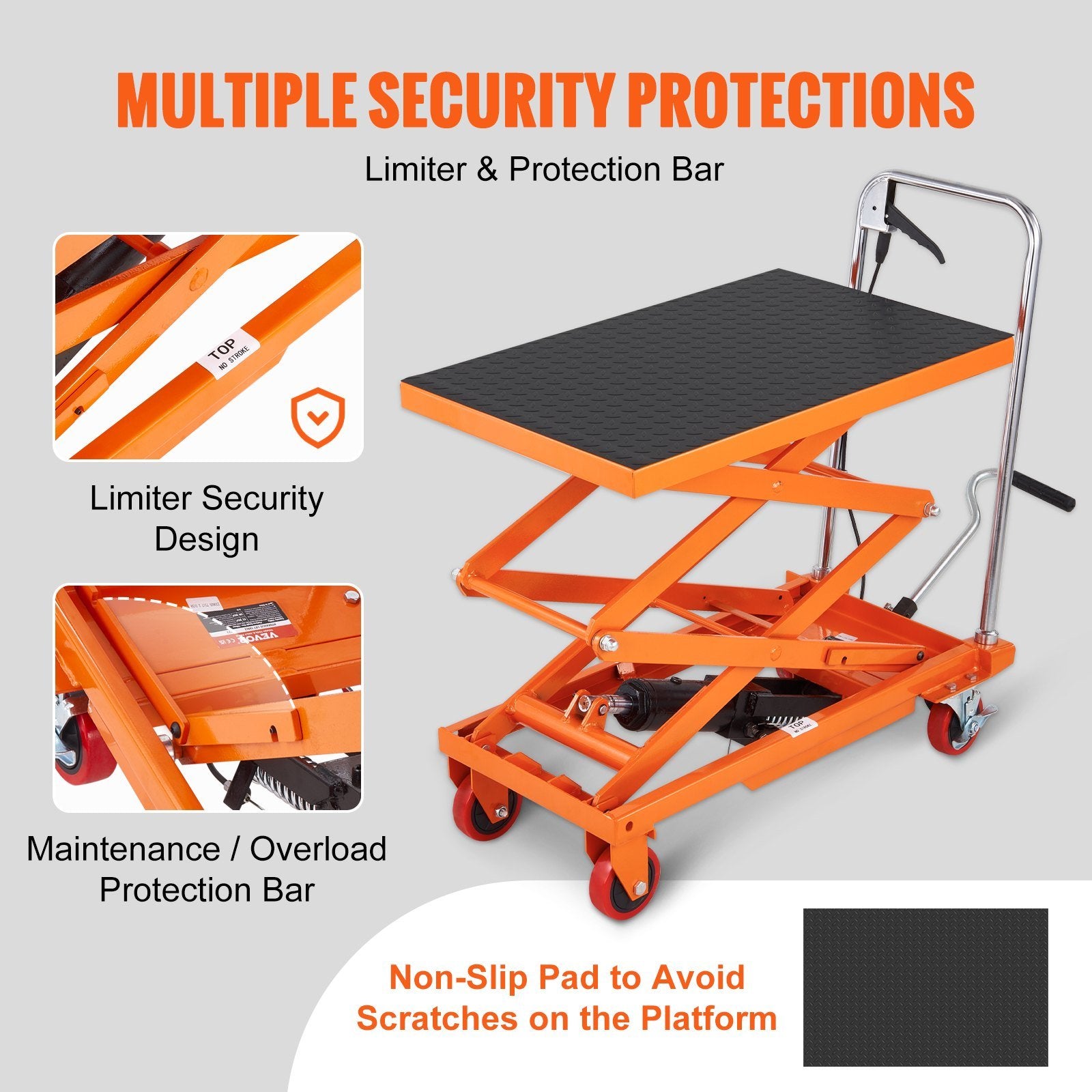 VEVOR Hydraulic Lift Table Cart, 330lbs Capacity 50" Lifting Height, Manual Double Scissor Lift Table with 4 Wheels and Non-slip Pad, Hydraulic Scisso