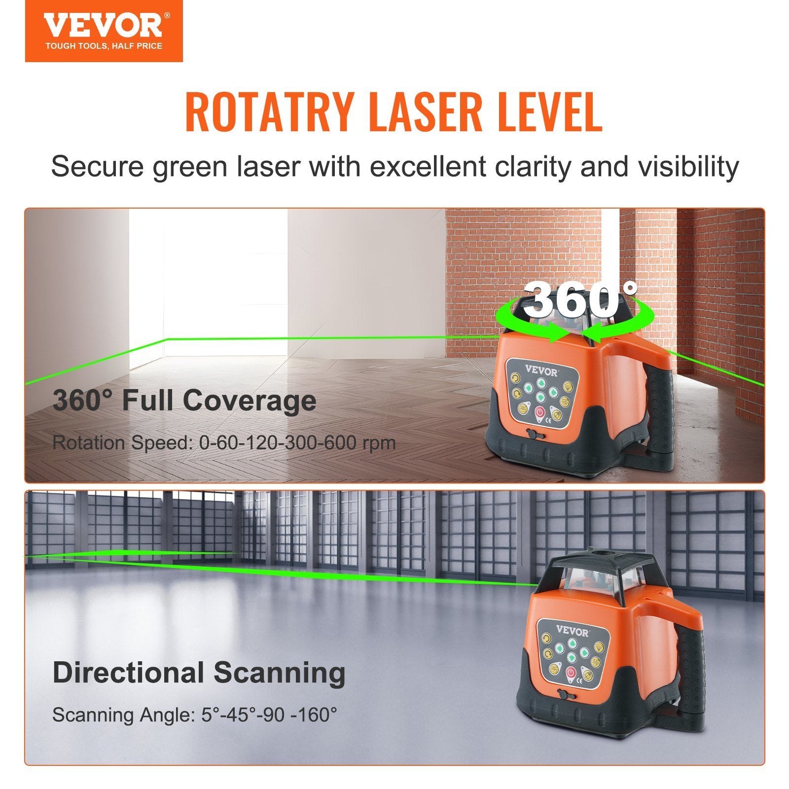 VEVOR Laser Level, 2000ft, 360 Degree Self Leveling Green Cross Line Laser, 5 Rotation Speeds & 4 Scanning Angles Adjustment, IP66 Waterproof Remote C