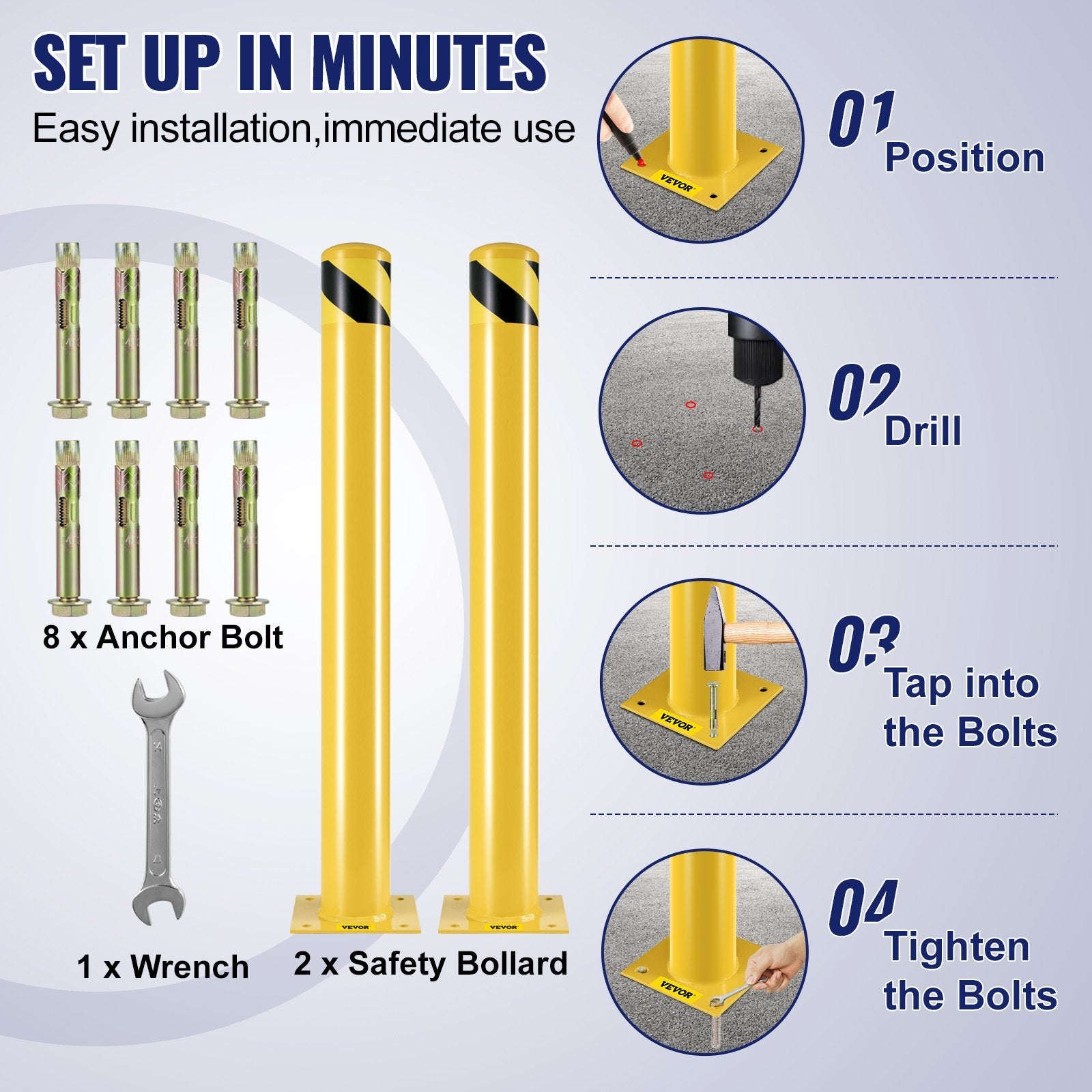 VEVOR Safety Bollard, 42 Inch Height Bollard Post, 4.5 Inch Diameter Steel Pipe Safety Bollard Post, Yellow Steel Bollard, Steel Safety Bollard with 8