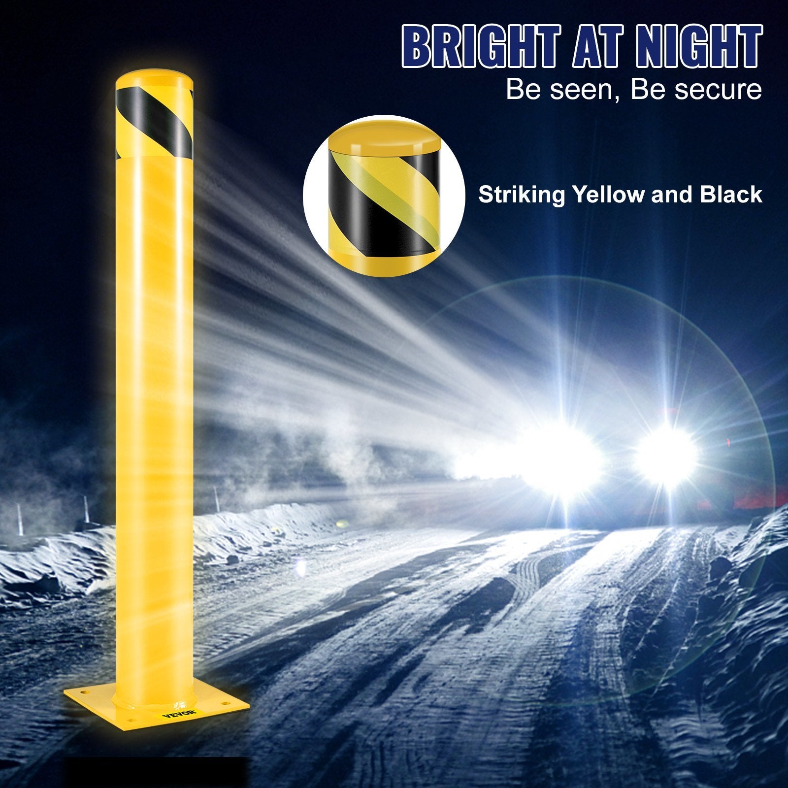 VEVOR Safety Bollard, 42 Inch Height Bollard Post, 4.5 Inch Diameter Steel Pipe Safety Bollard Post, Yellow Steel Bollard, Steel Safety Bollard with 8