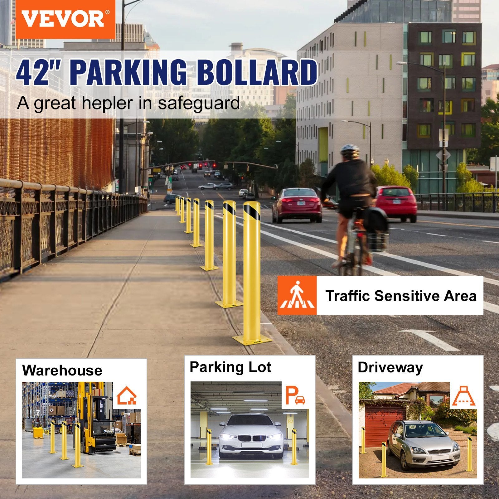 VEVOR Safety Bollard, 42 Inch Height Bollard Post, 4.5 Inch Diameter Steel Pipe Safety Bollard Post, Yellow Steel Bollard, Steel Safety Bollard with 8