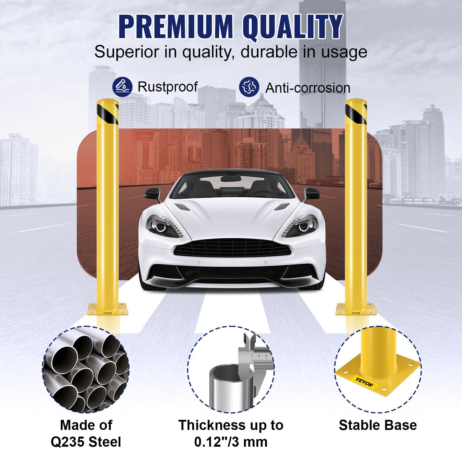 VEVOR Safety Bollard, 42 Inch Height Bollard Post, 4.5 Inch Diameter Steel Pipe Safety Bollard Post, Yellow Steel Bollard, Steel Safety Bollard with 8